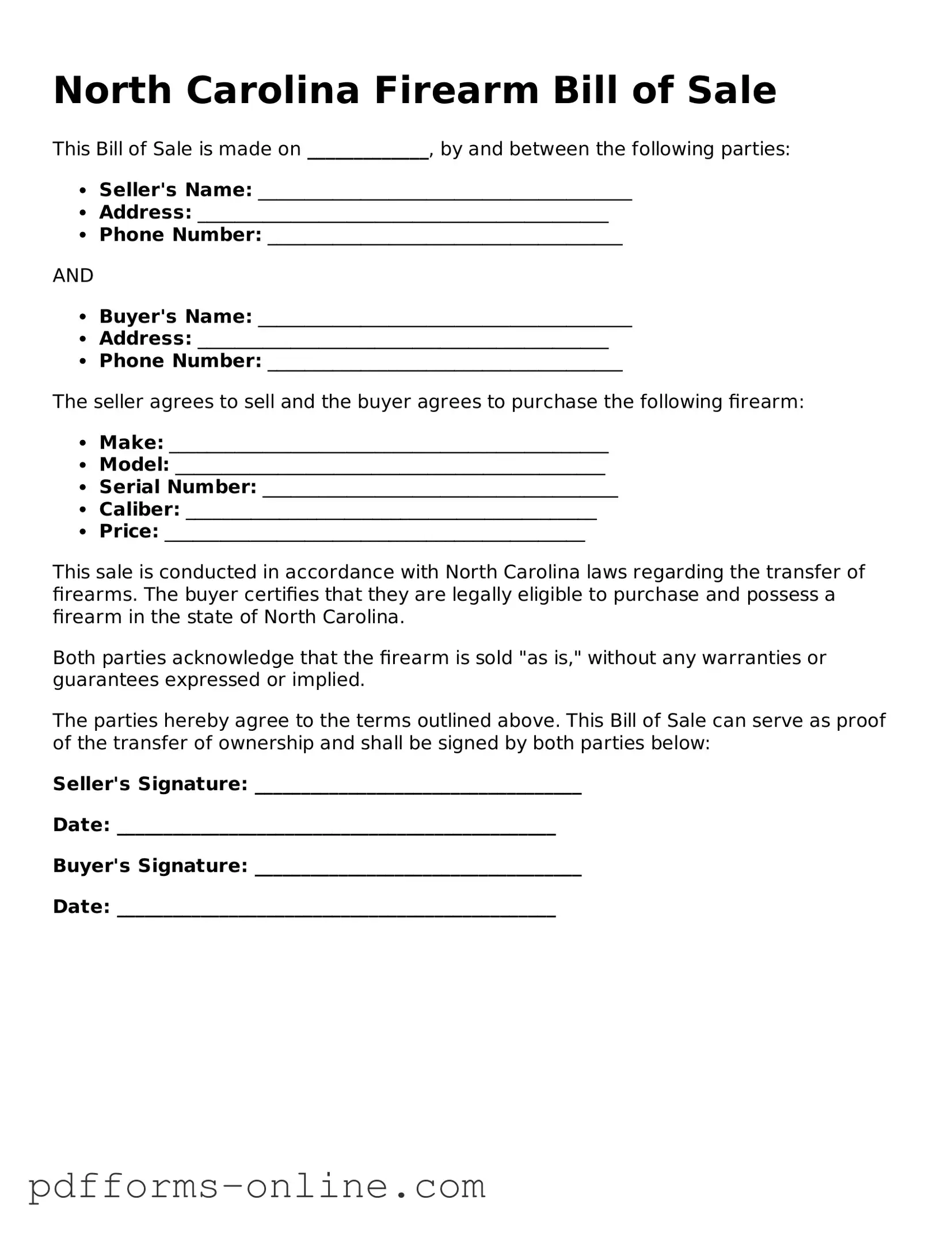 Valid North Carolina Firearm Bill of Sale Template