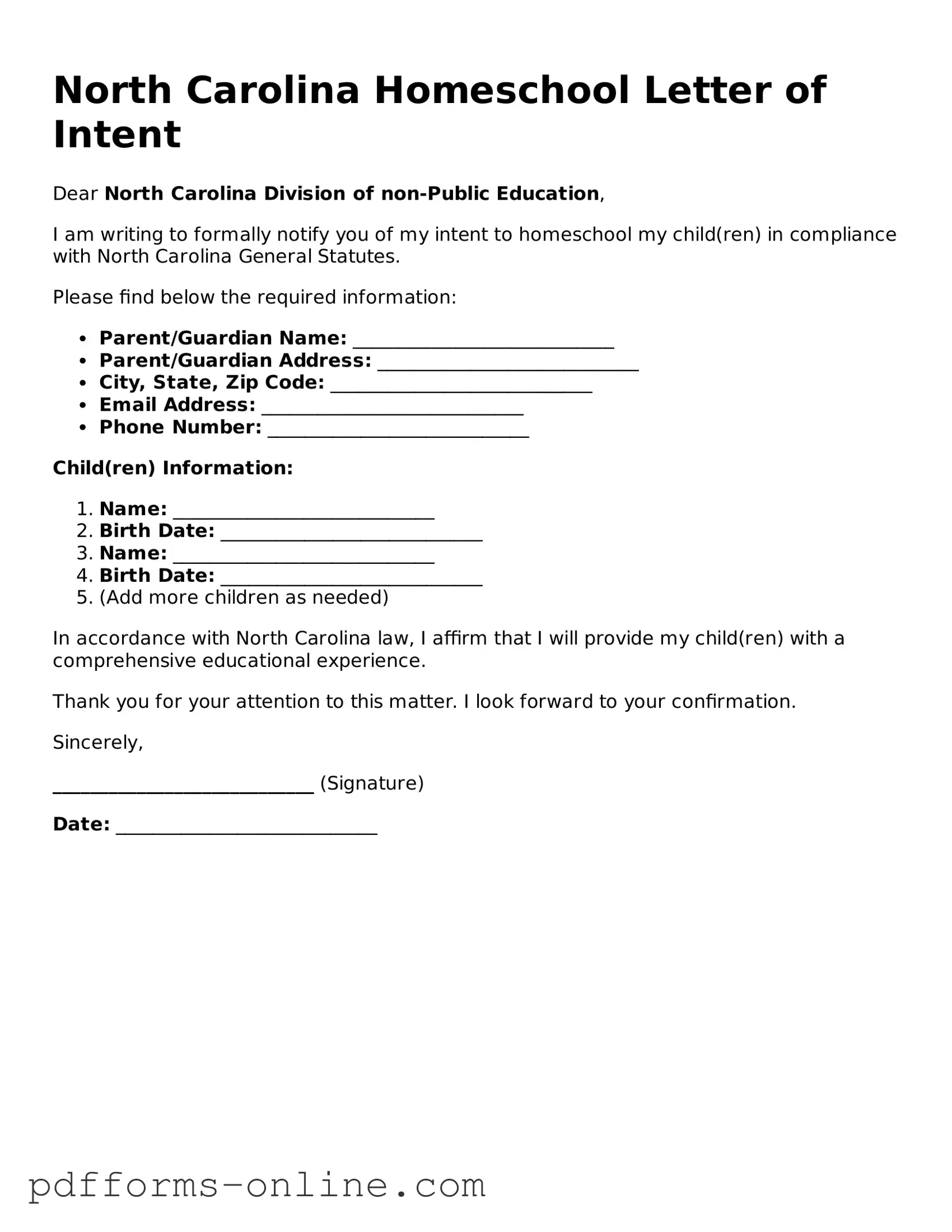 Valid North Carolina Homeschool Letter of Intent Template