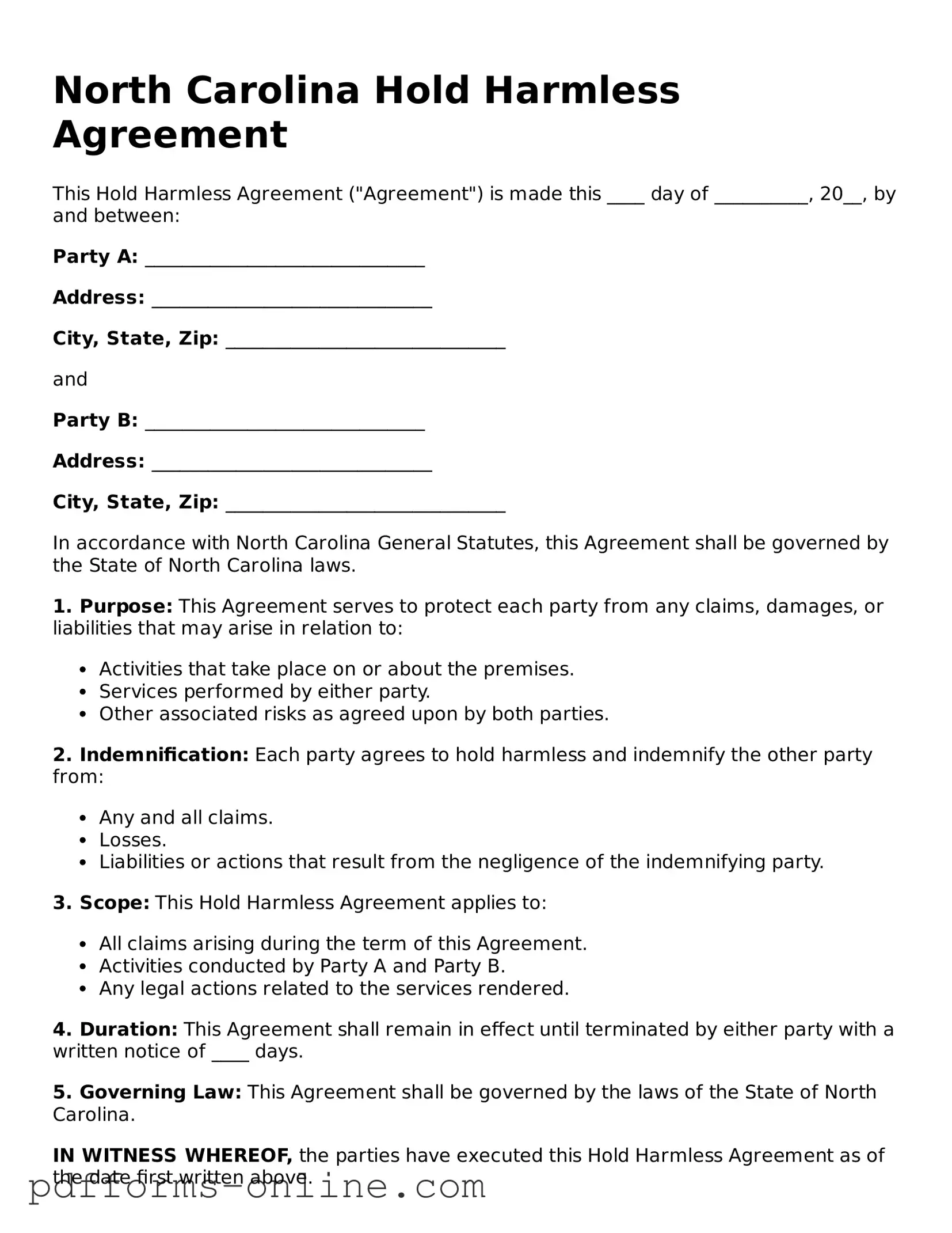 Valid North Carolina Hold Harmless Agreement Template