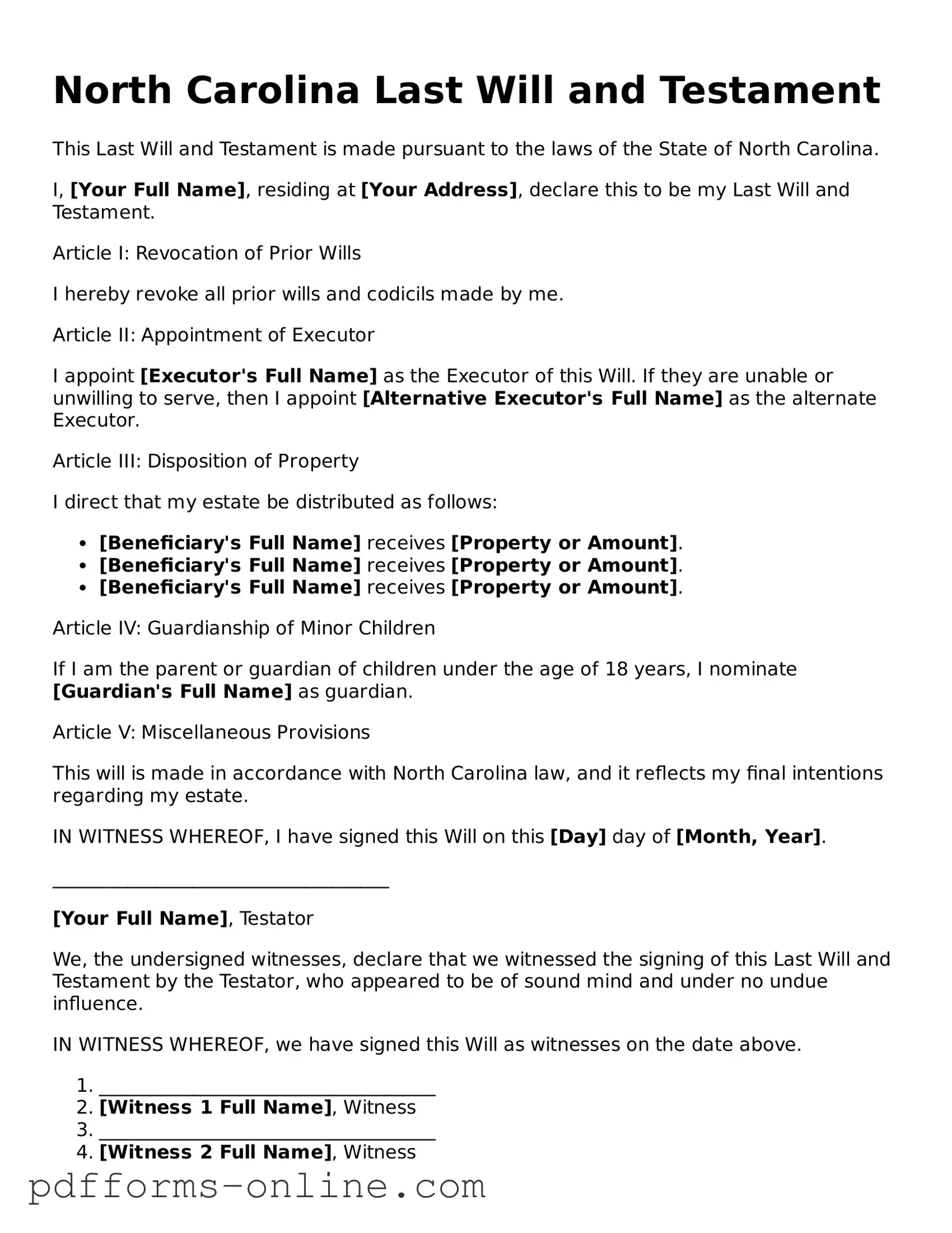 Valid North Carolina Last Will and Testament Template