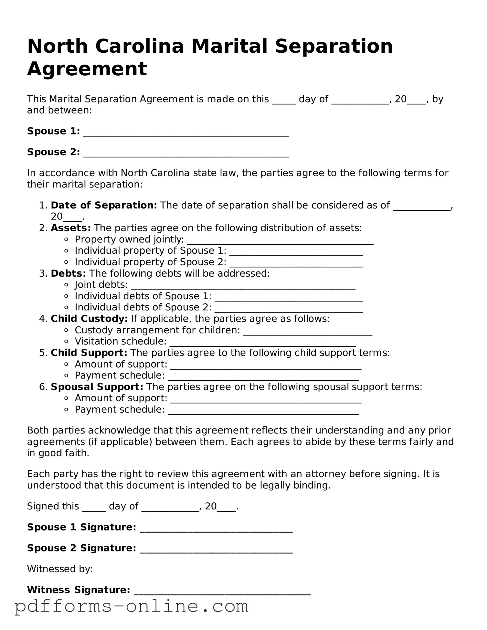Valid North Carolina Marital Separation Agreement Template