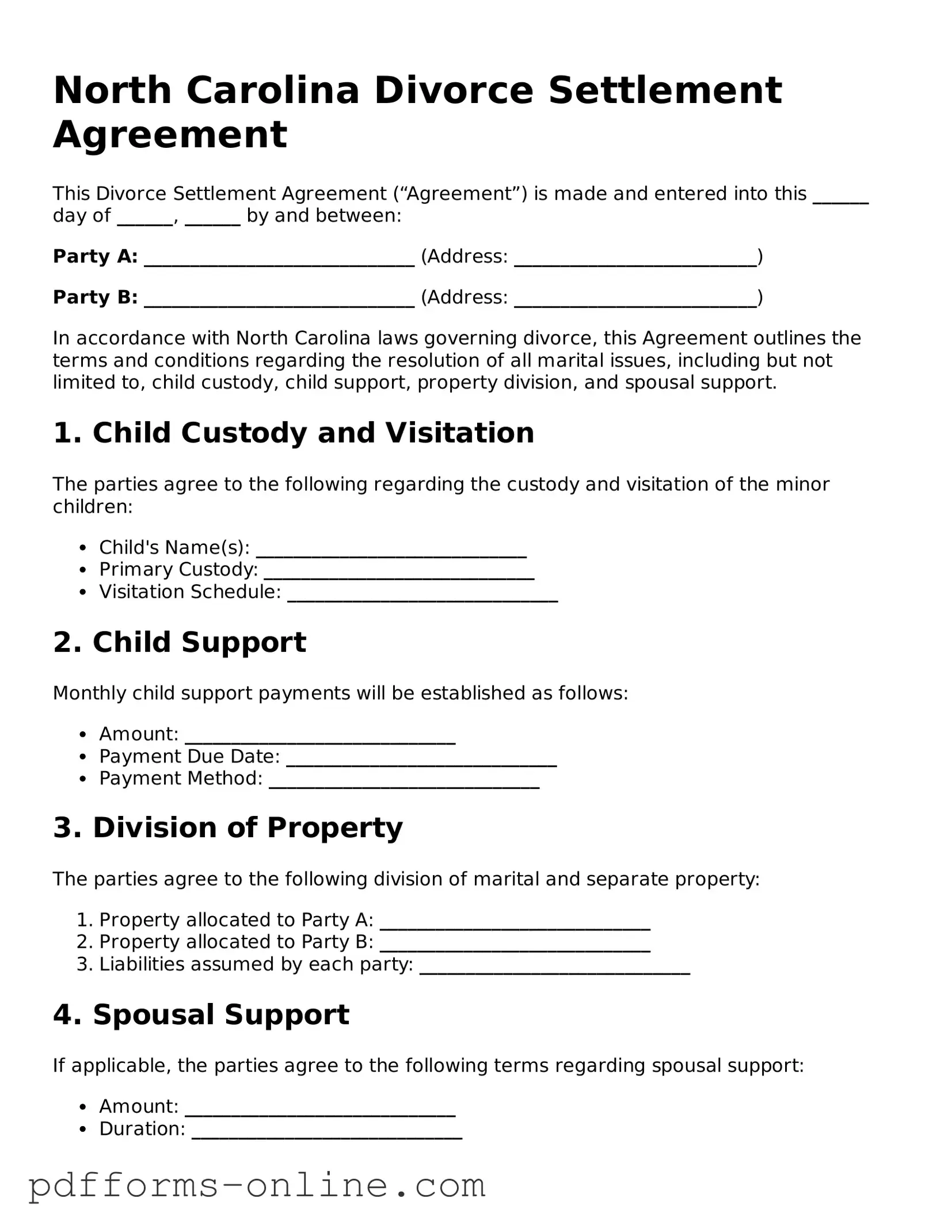 Valid North Carolina Divorce Settlement Agreement Template