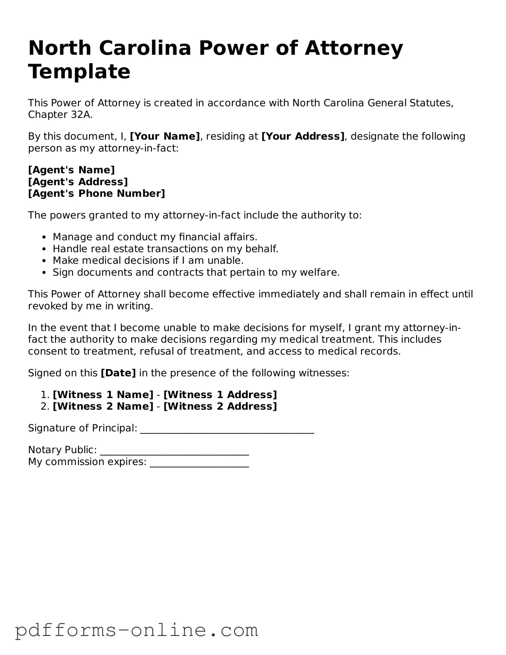 Valid North Carolina Power of Attorney Template