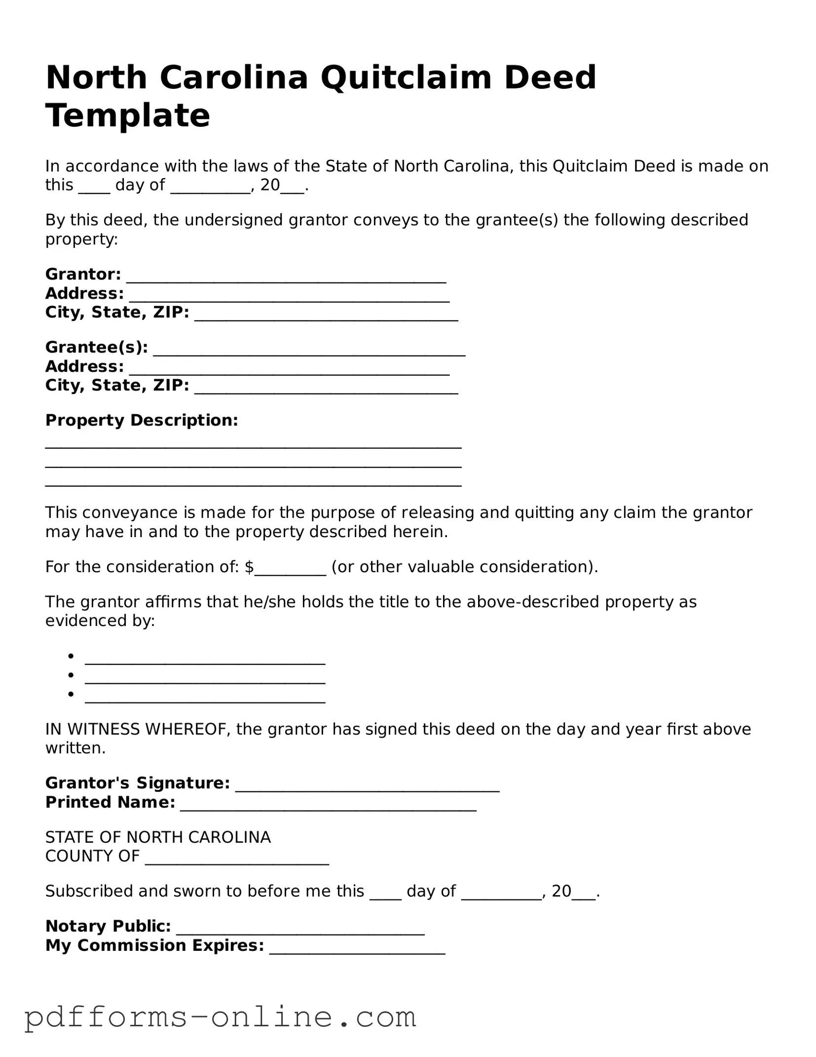 Valid North Carolina Quitclaim Deed Template