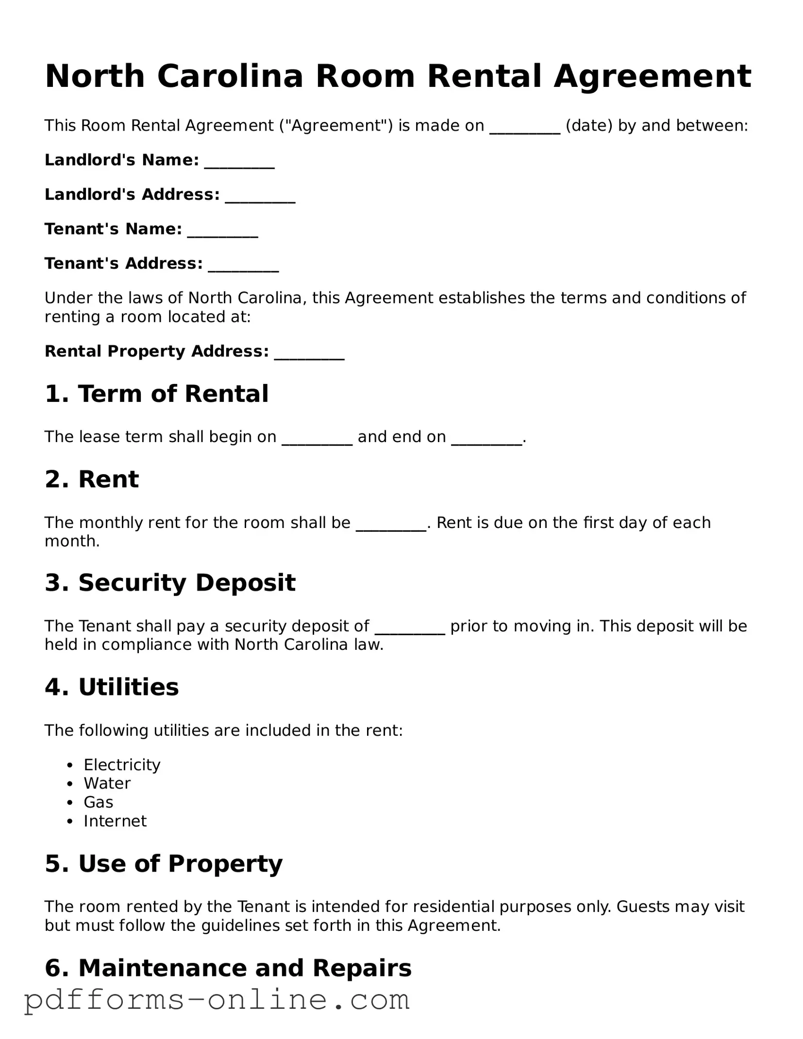 Valid North Carolina Room Rental Agreement Template