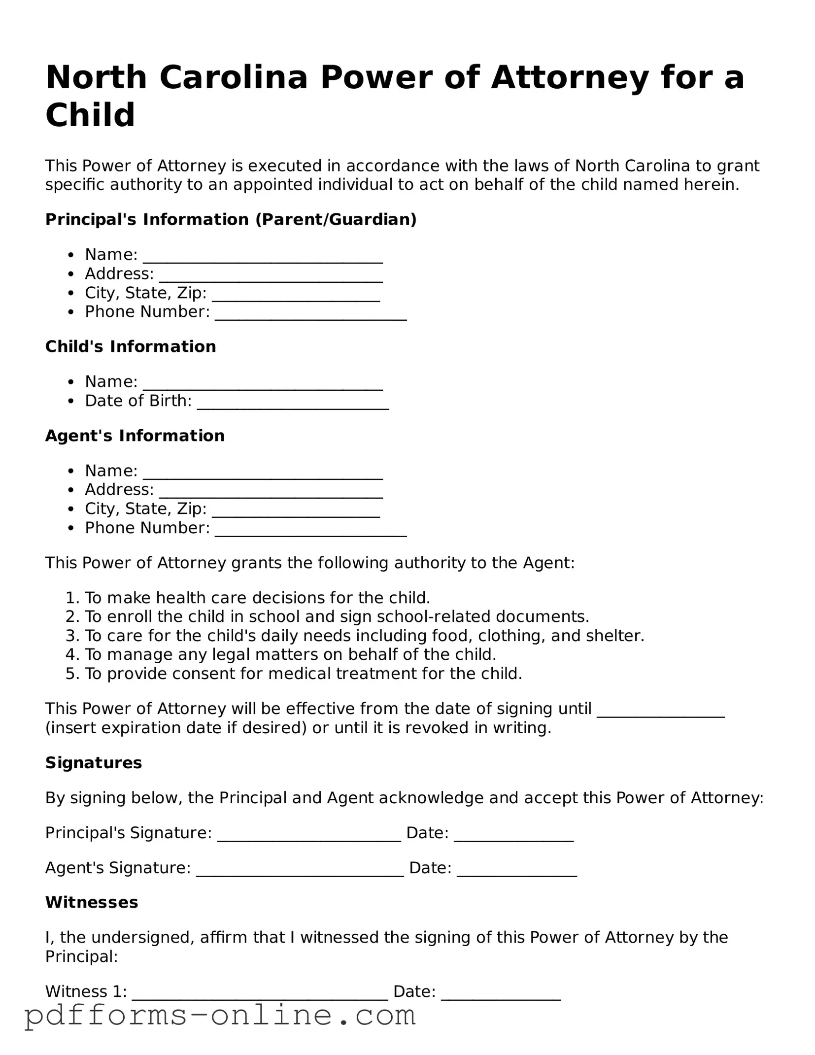 Valid North Carolina Power of Attorney for a Child Template