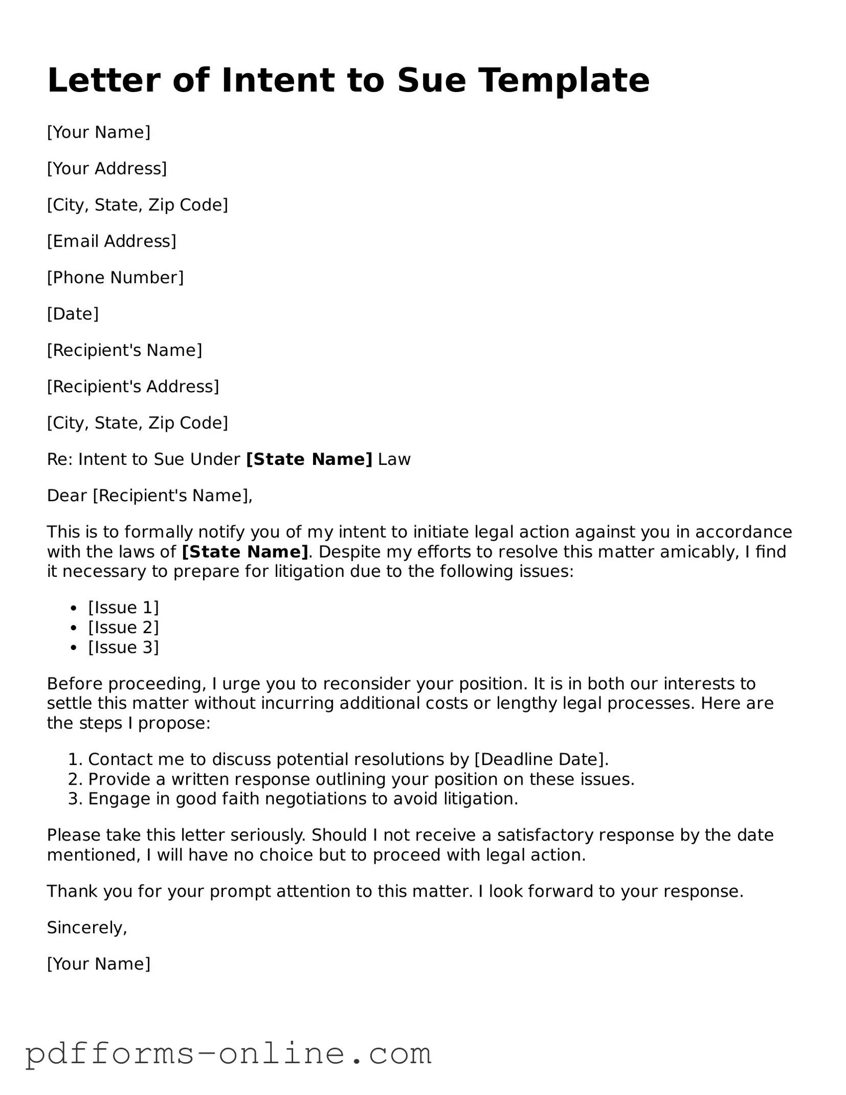Blank Letter of Intent to Sue Form