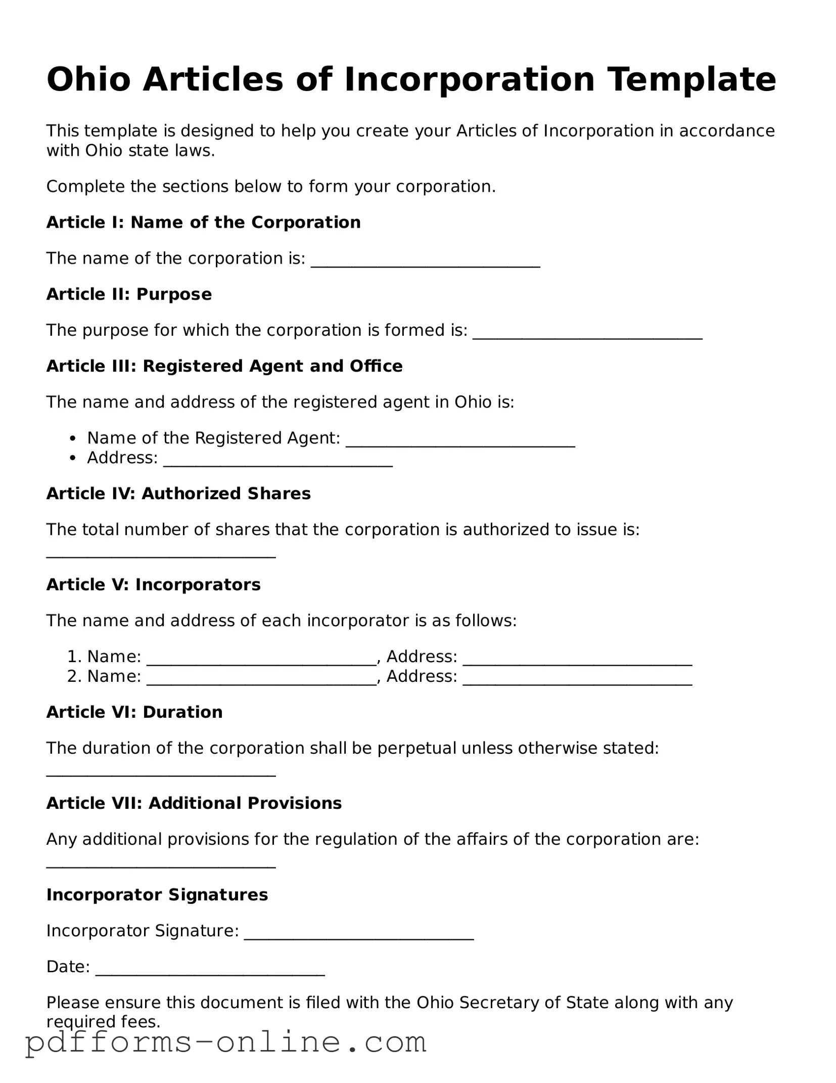 Valid Ohio Articles of Incorporation Template