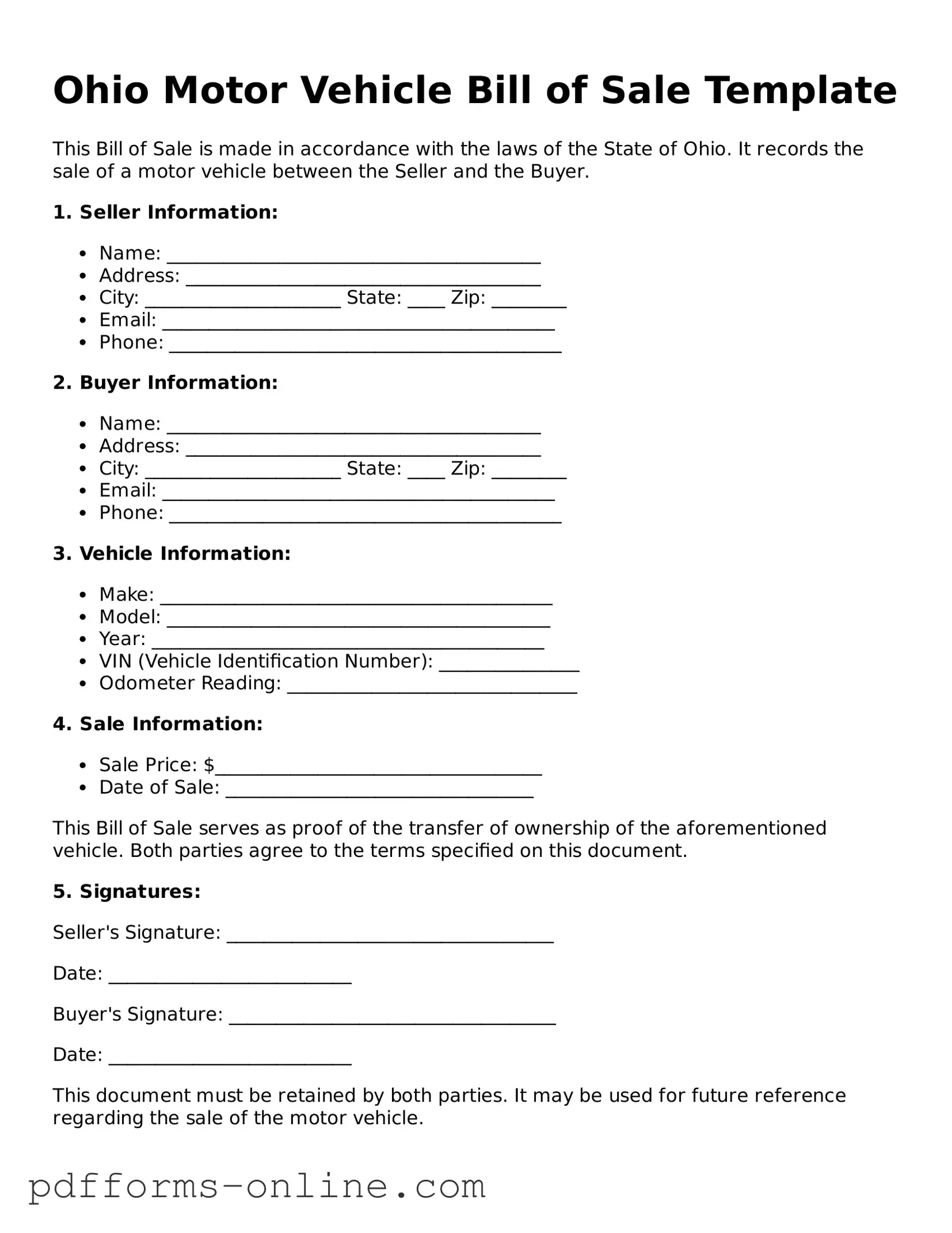 Valid Ohio Motor Vehicle Bill of Sale Template