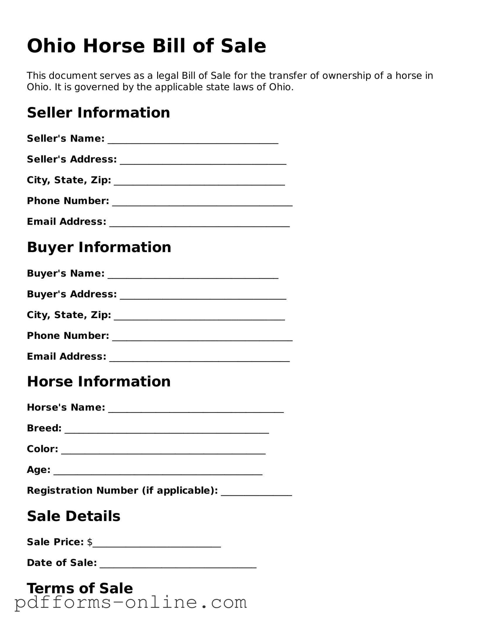 Valid Ohio Horse Bill of Sale Template