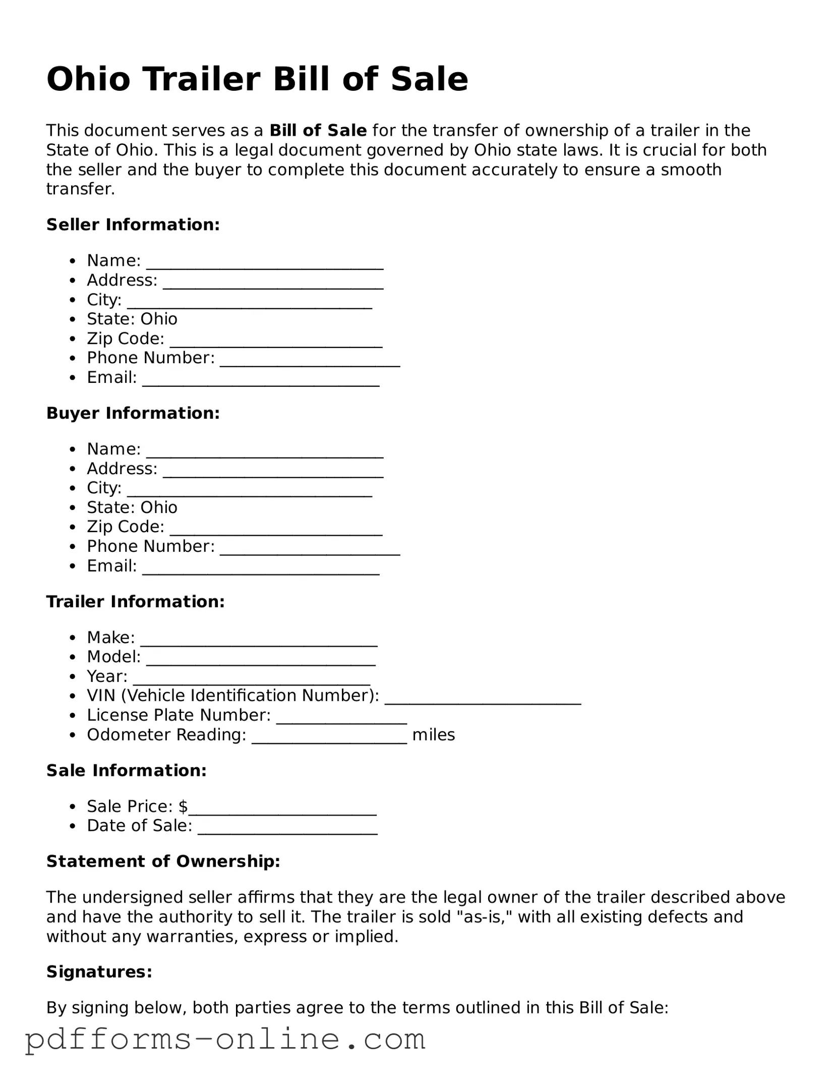 Valid Ohio Trailer Bill of Sale Template