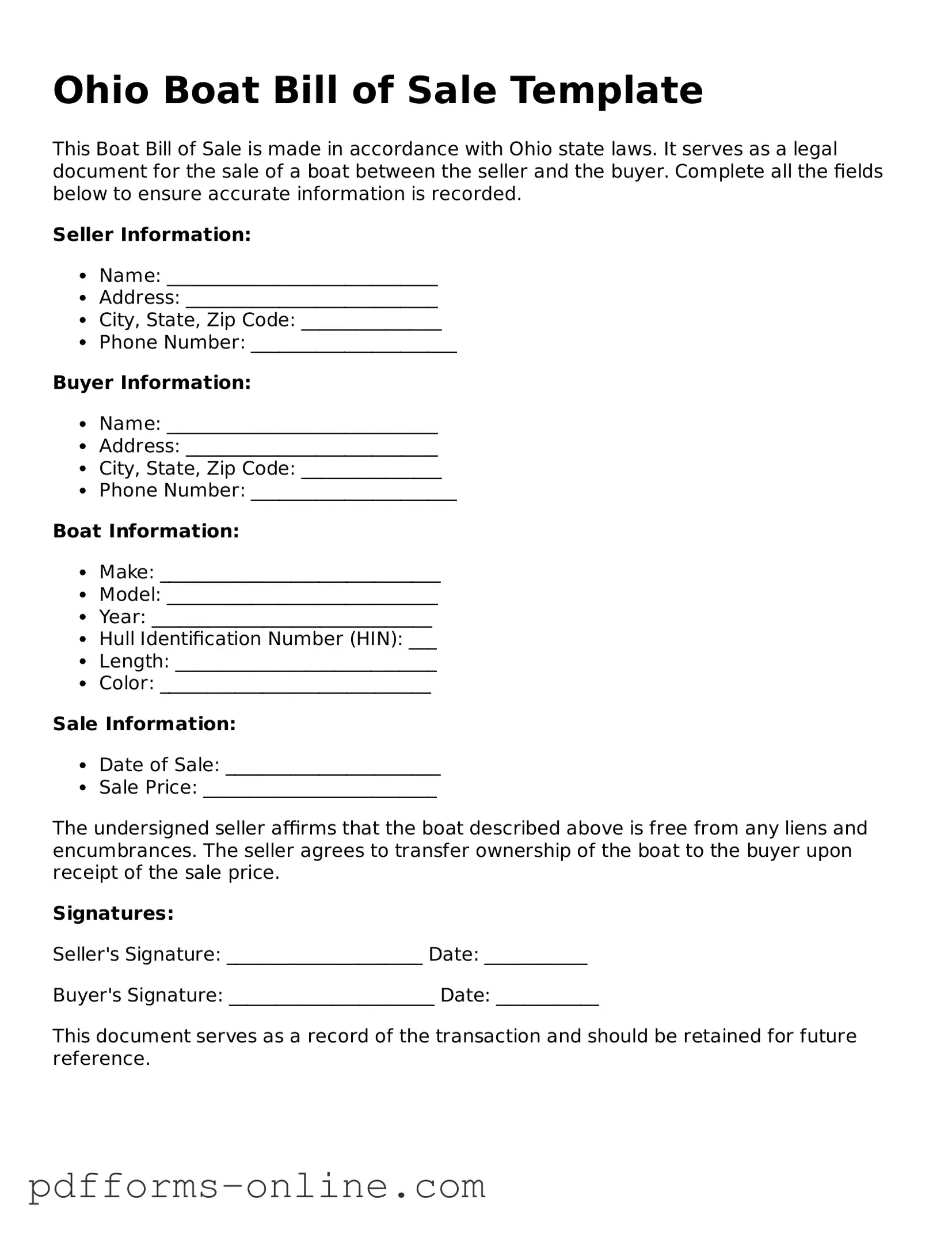 Valid Ohio Boat Bill of Sale Template