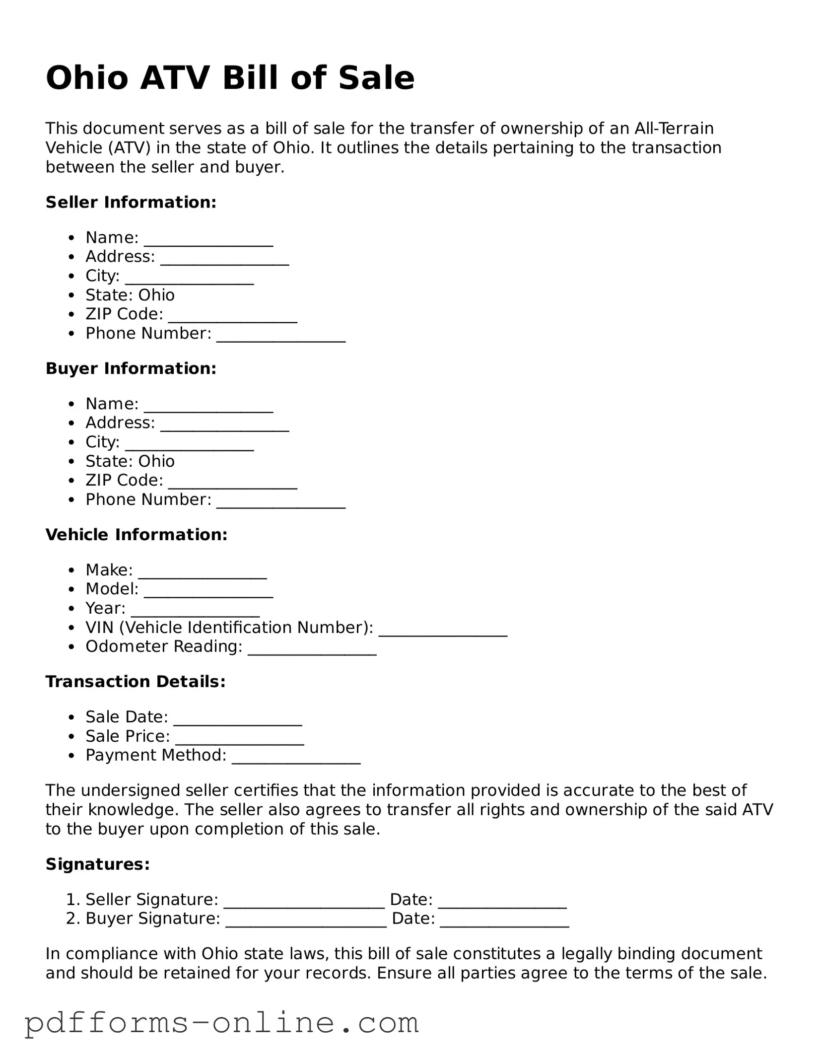Valid Ohio ATV Bill of Sale Template