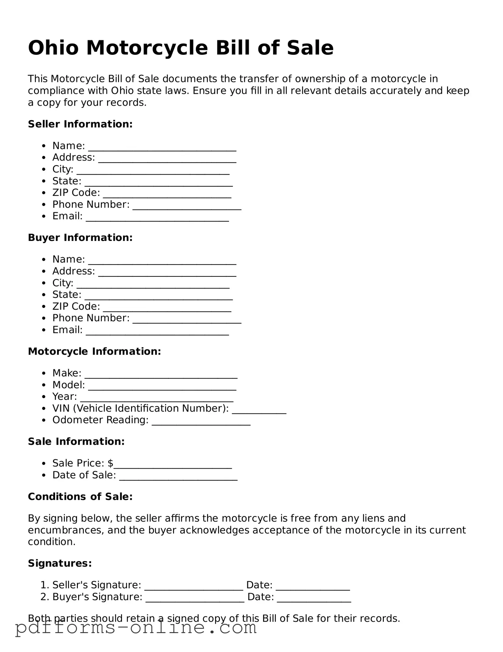 Valid Ohio Motorcycle Bill of Sale Template