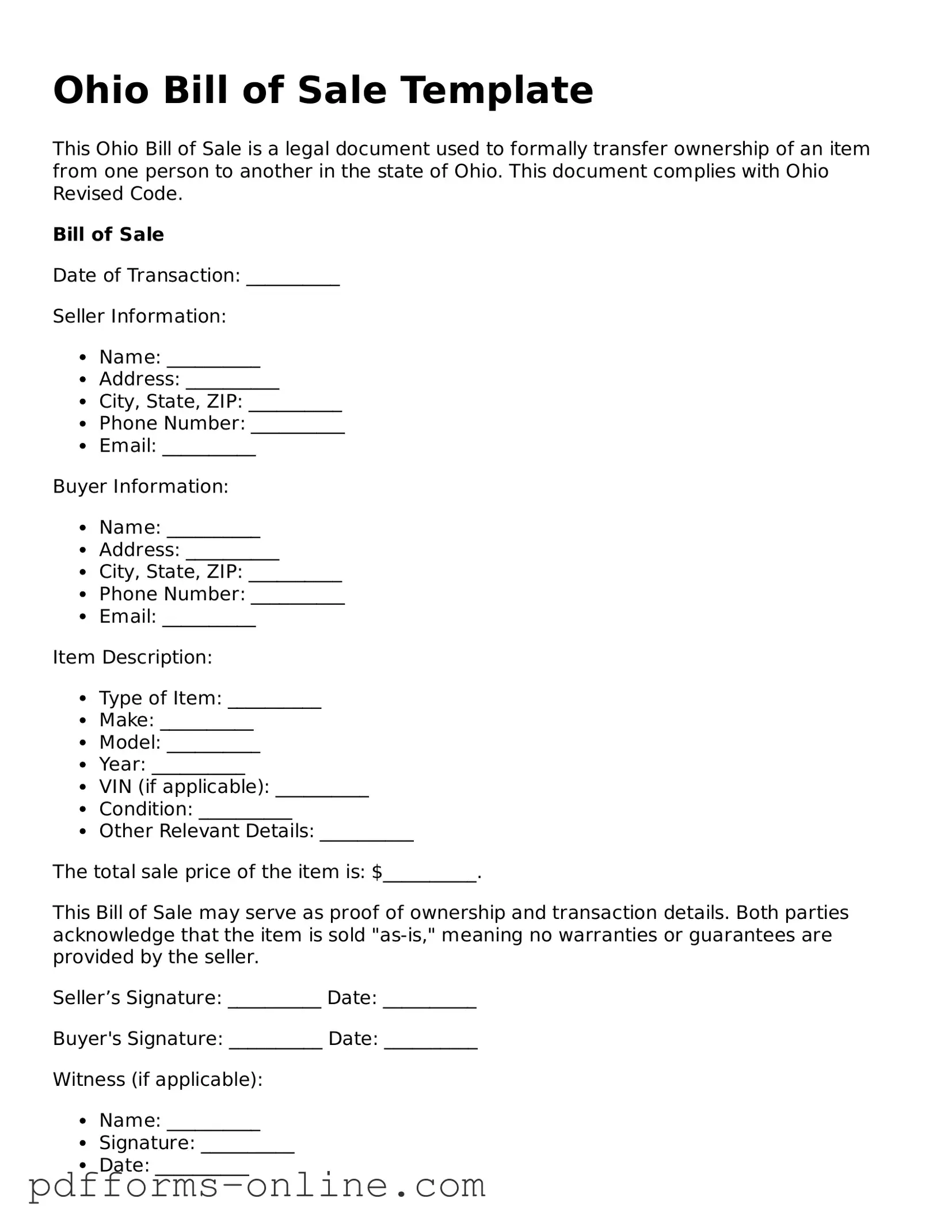 Valid Ohio Bill of Sale Template