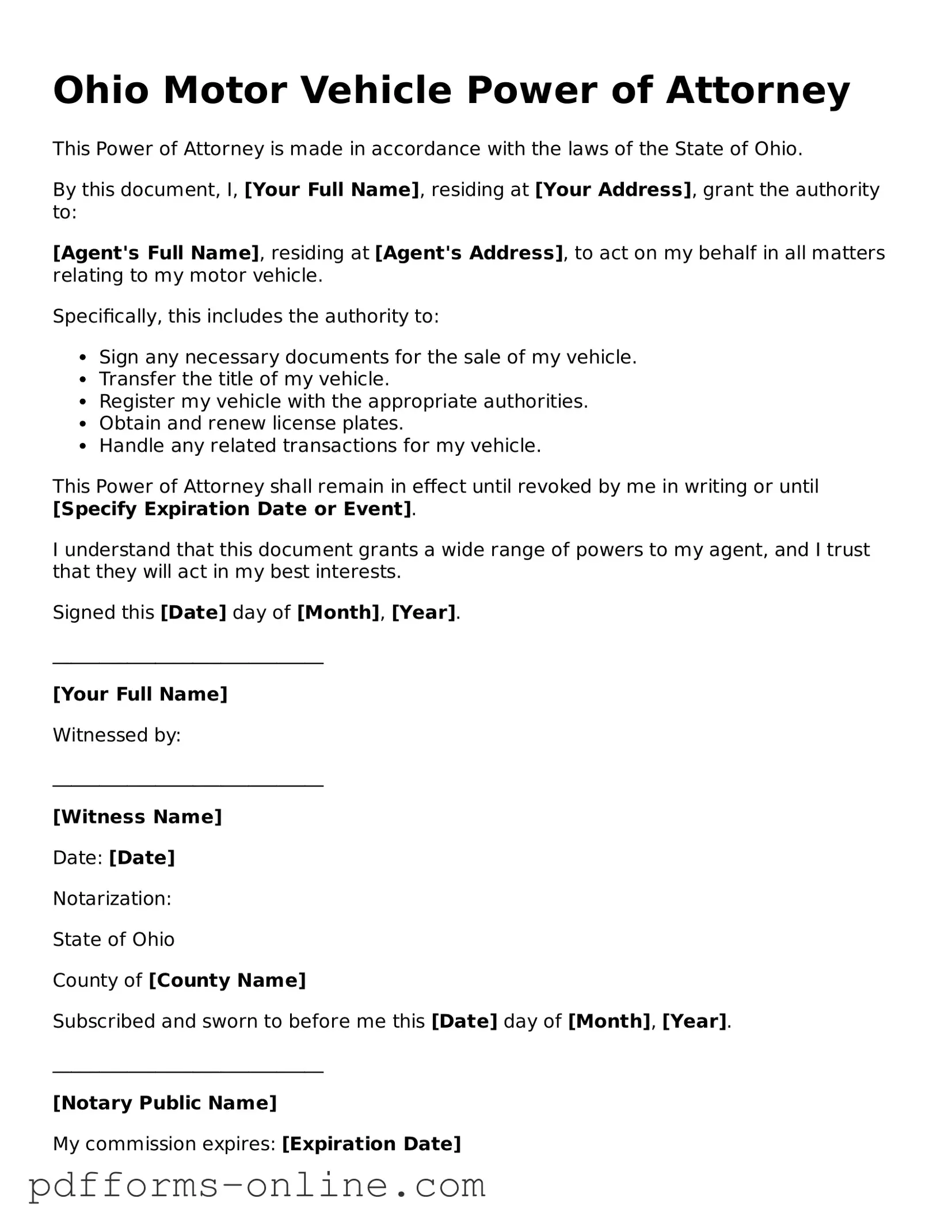 Valid Ohio Motor Vehicle Power of Attorney Template