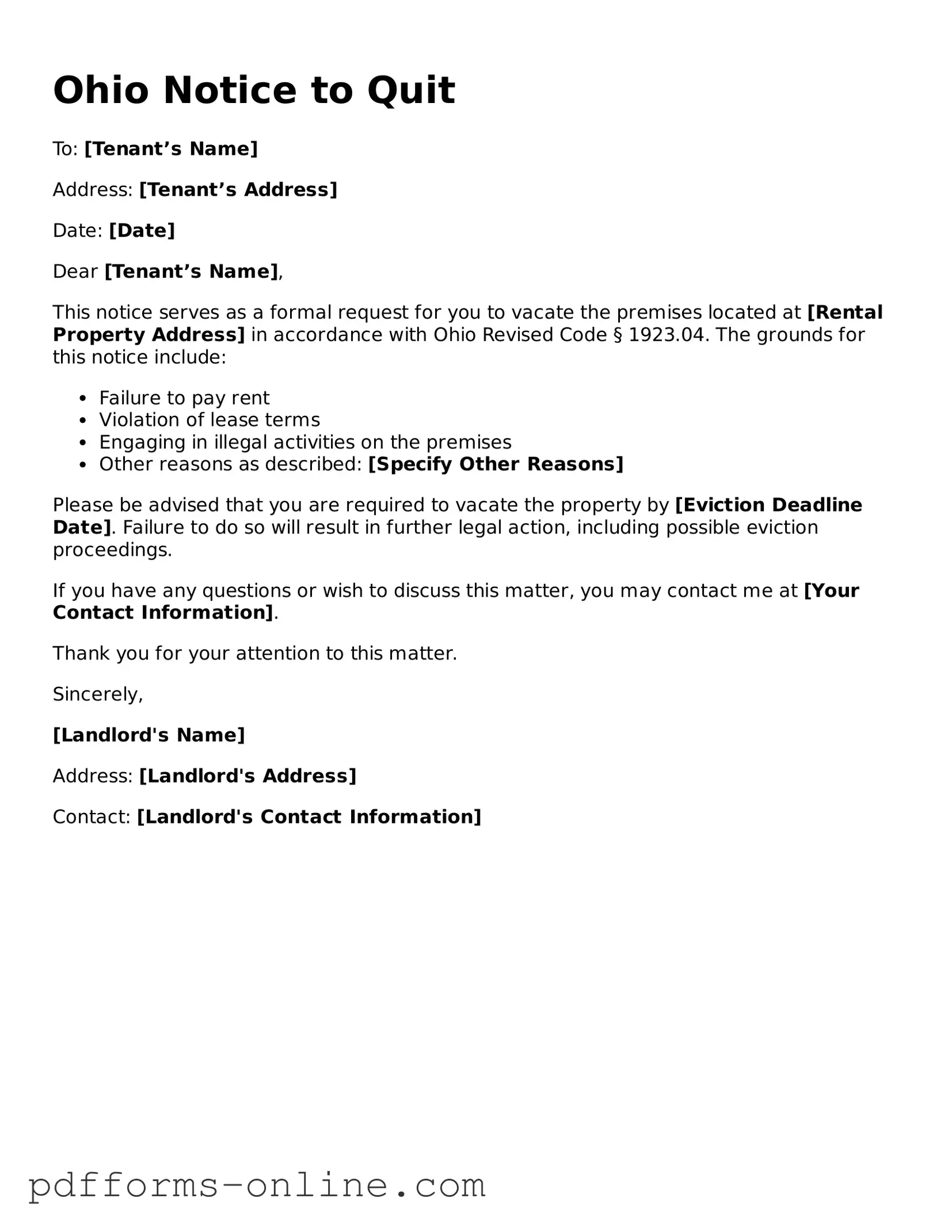 Valid Ohio Notice to Quit Template