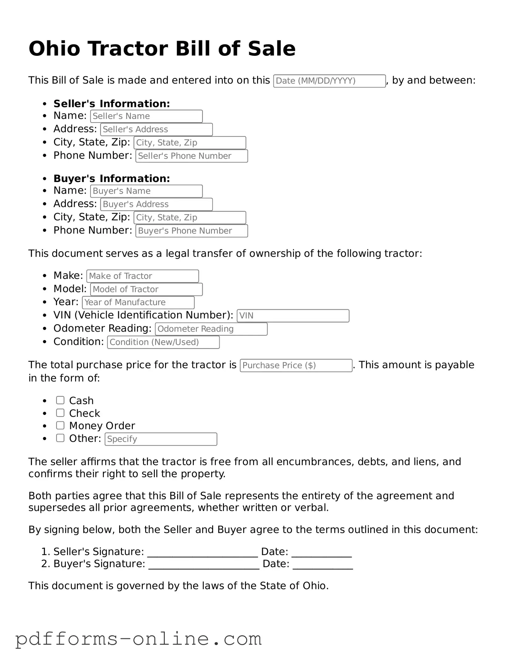 Valid Ohio Tractor Bill of Sale Template