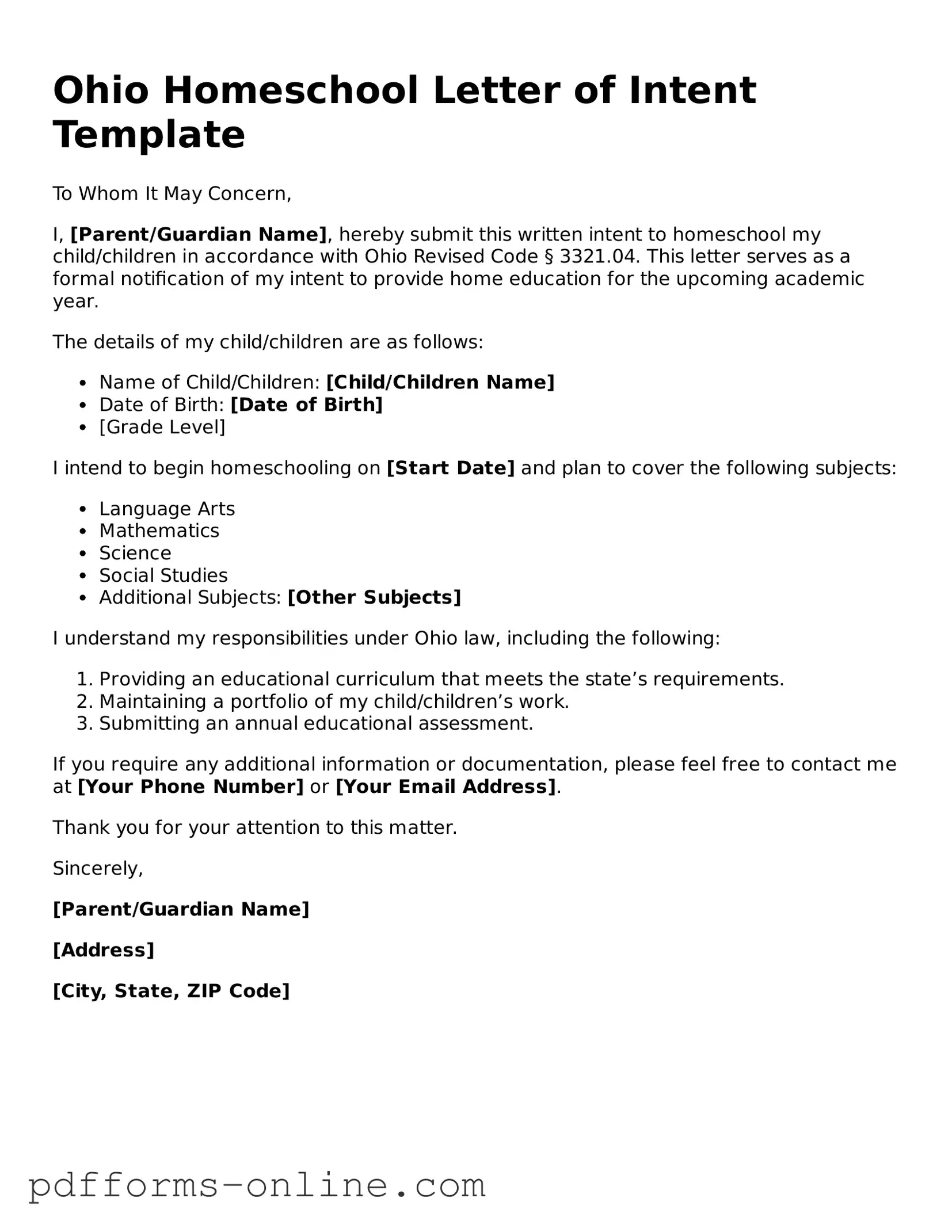 Valid Ohio Homeschool Letter of Intent Template