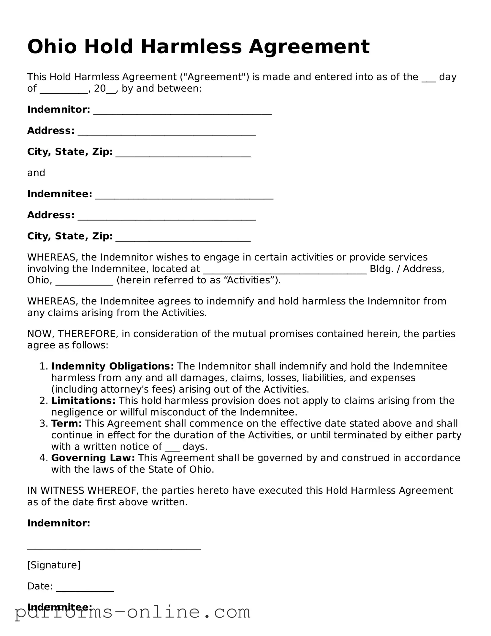 Valid Ohio Hold Harmless Agreement Template