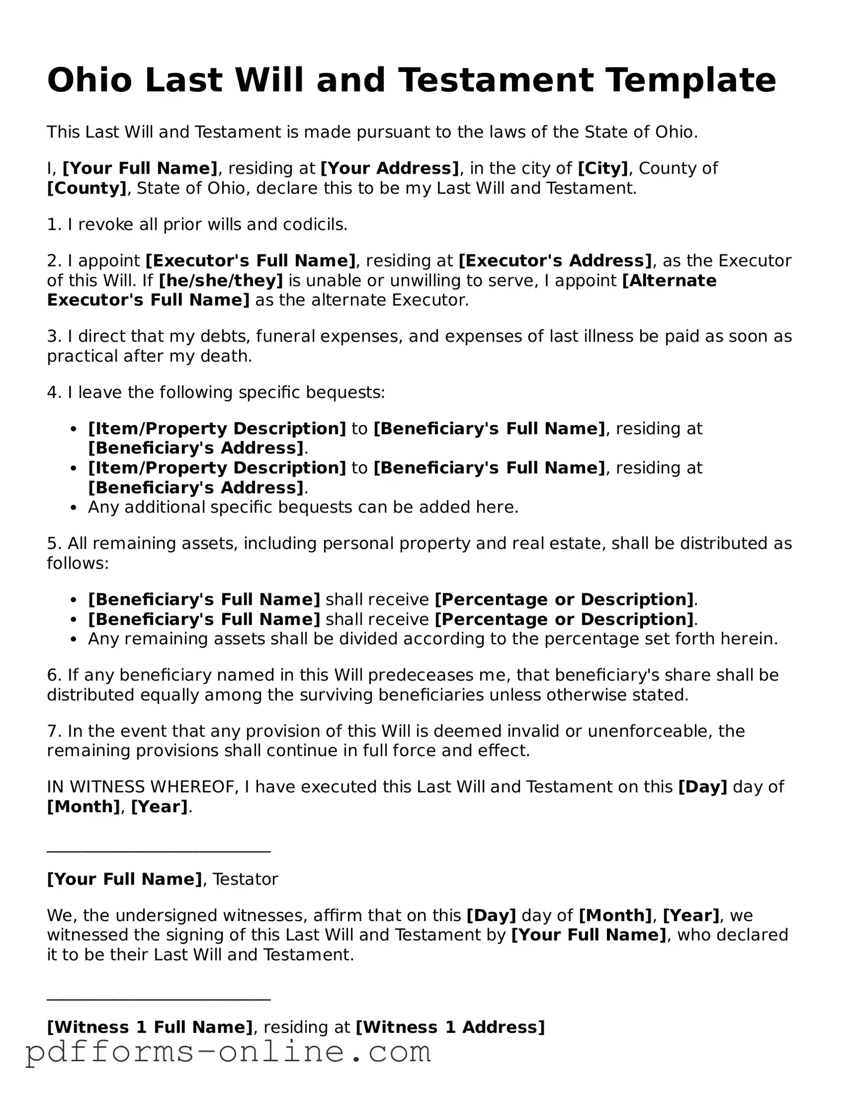 Valid Ohio Last Will and Testament Template