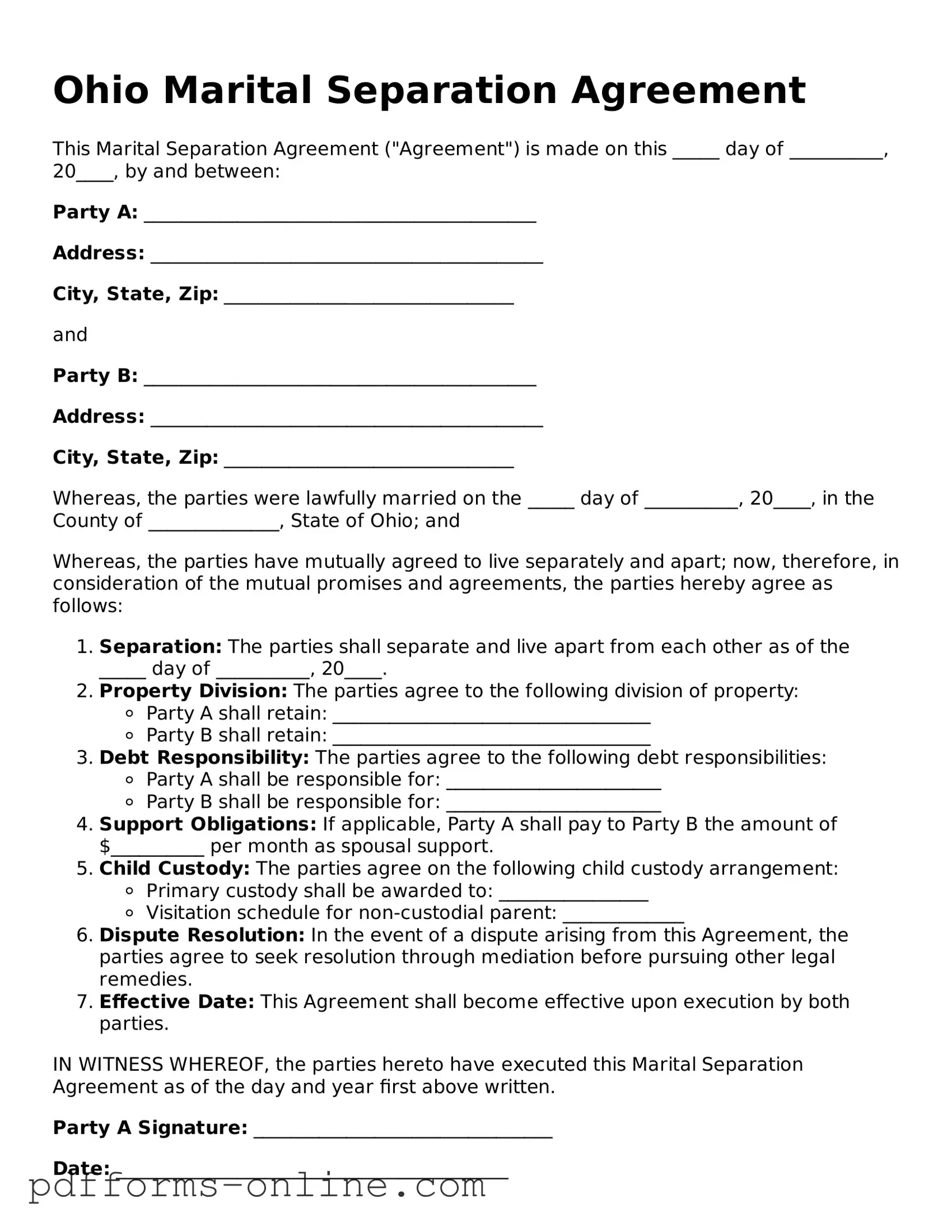 Valid Ohio Marital Separation Agreement Template