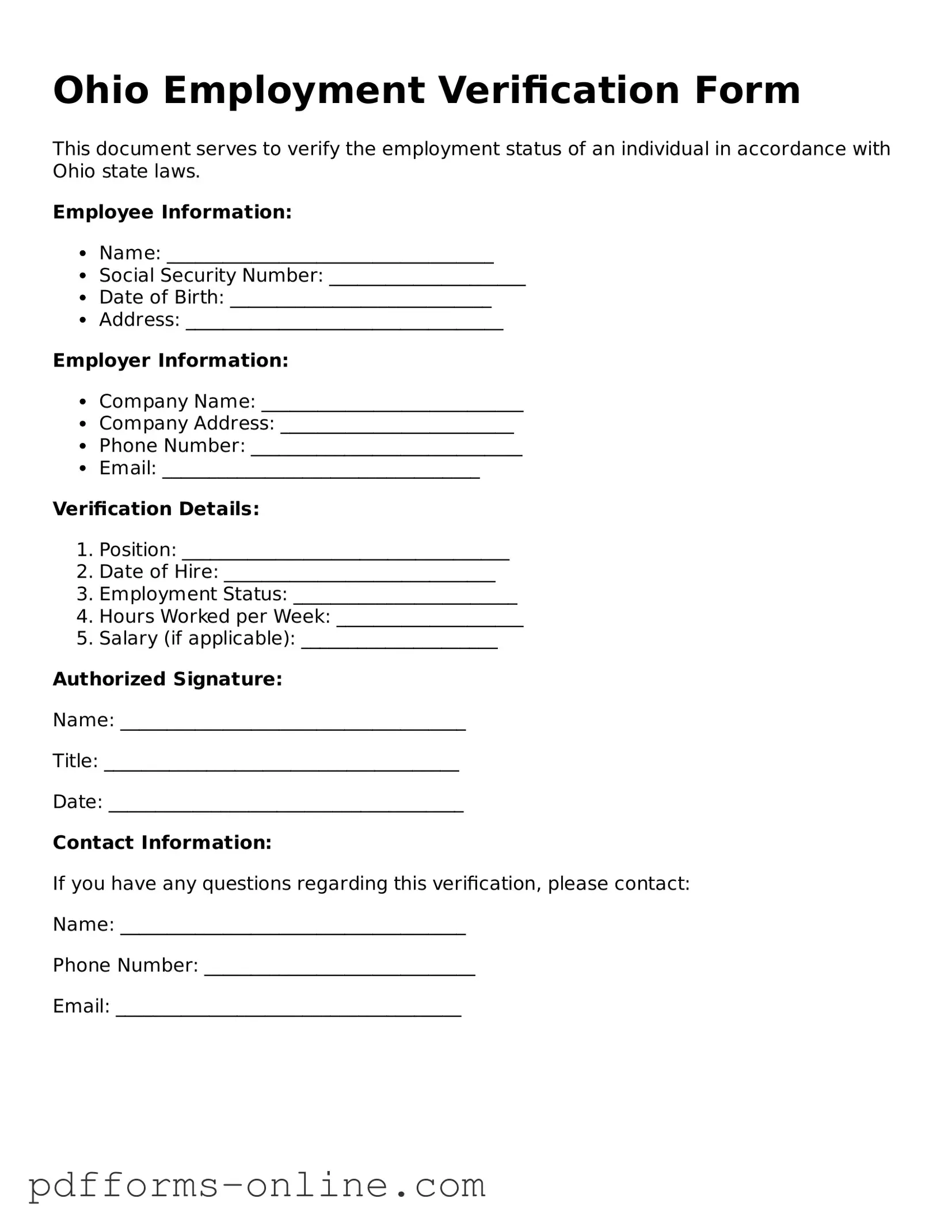 Valid Ohio Employment Verification Template