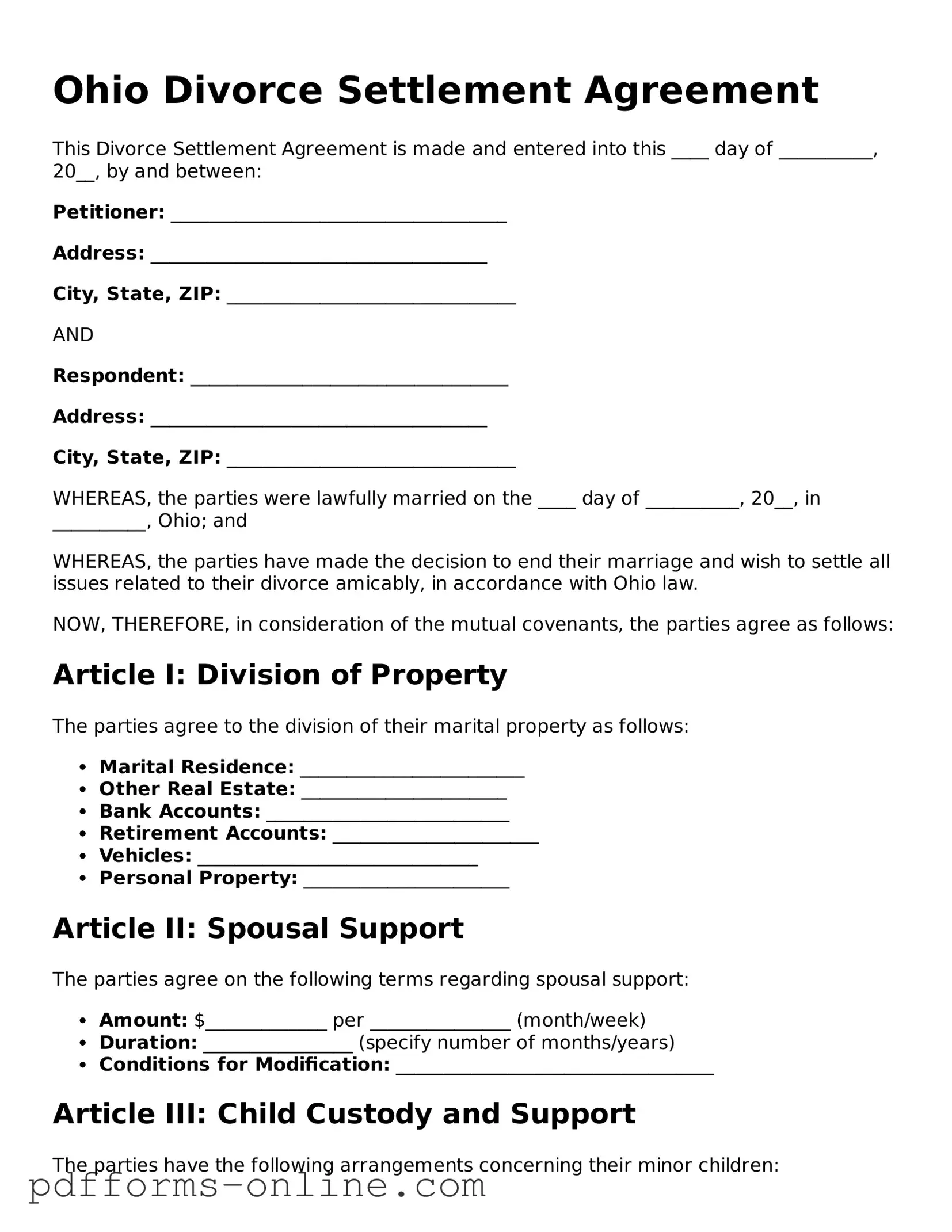 Valid Ohio Divorce Settlement Agreement Template