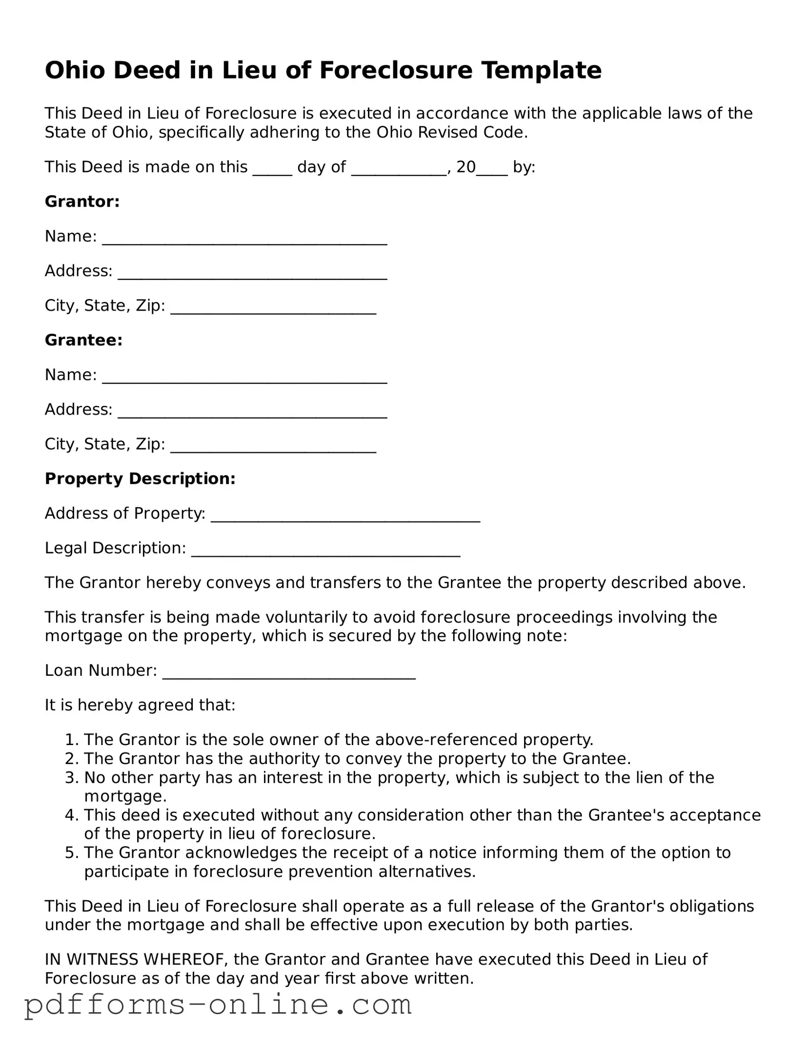 Valid Ohio Deed in Lieu of Foreclosure Template