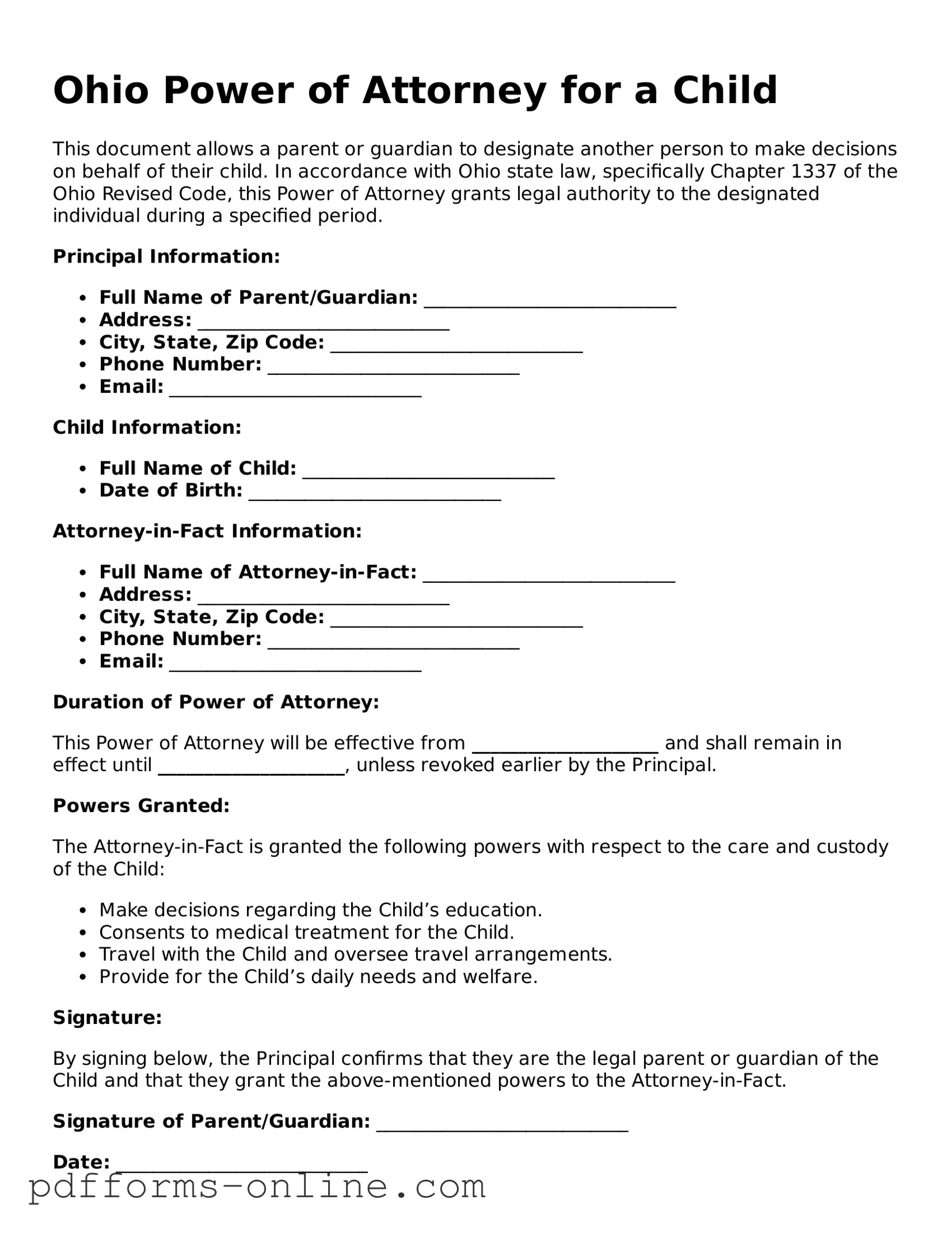 Valid Ohio Power of Attorney for a Child Template