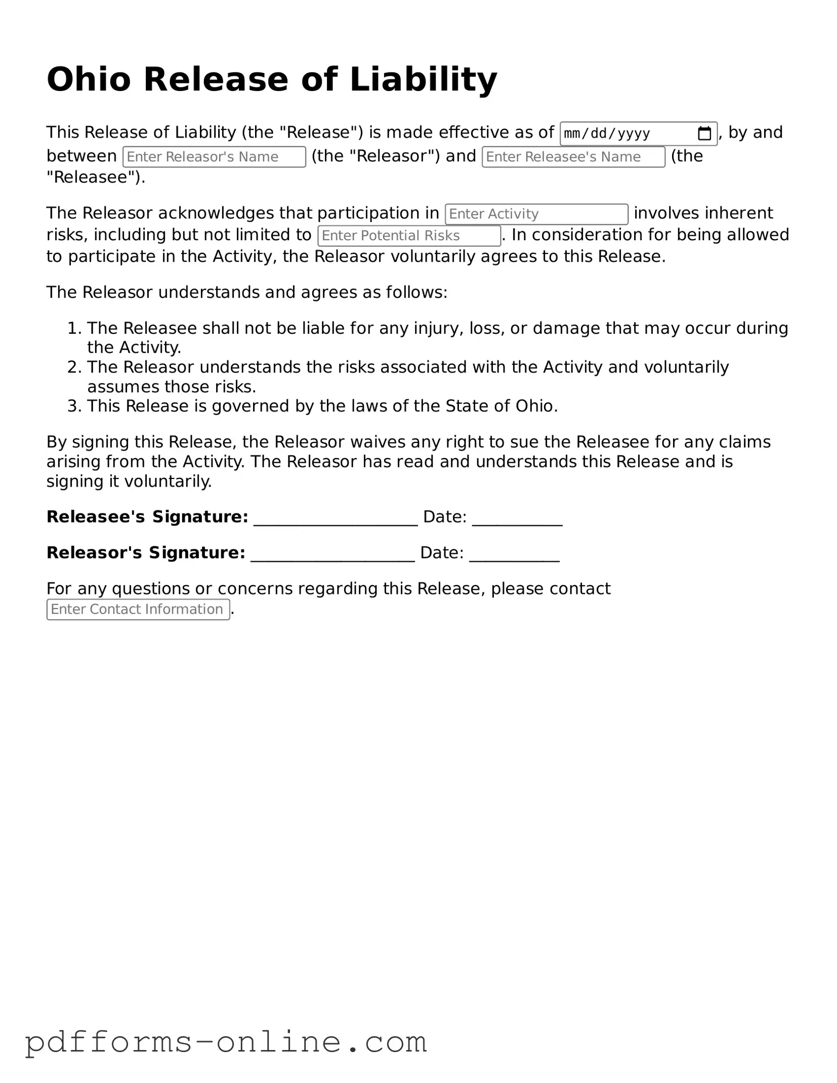 Valid Ohio Release of Liability Template
