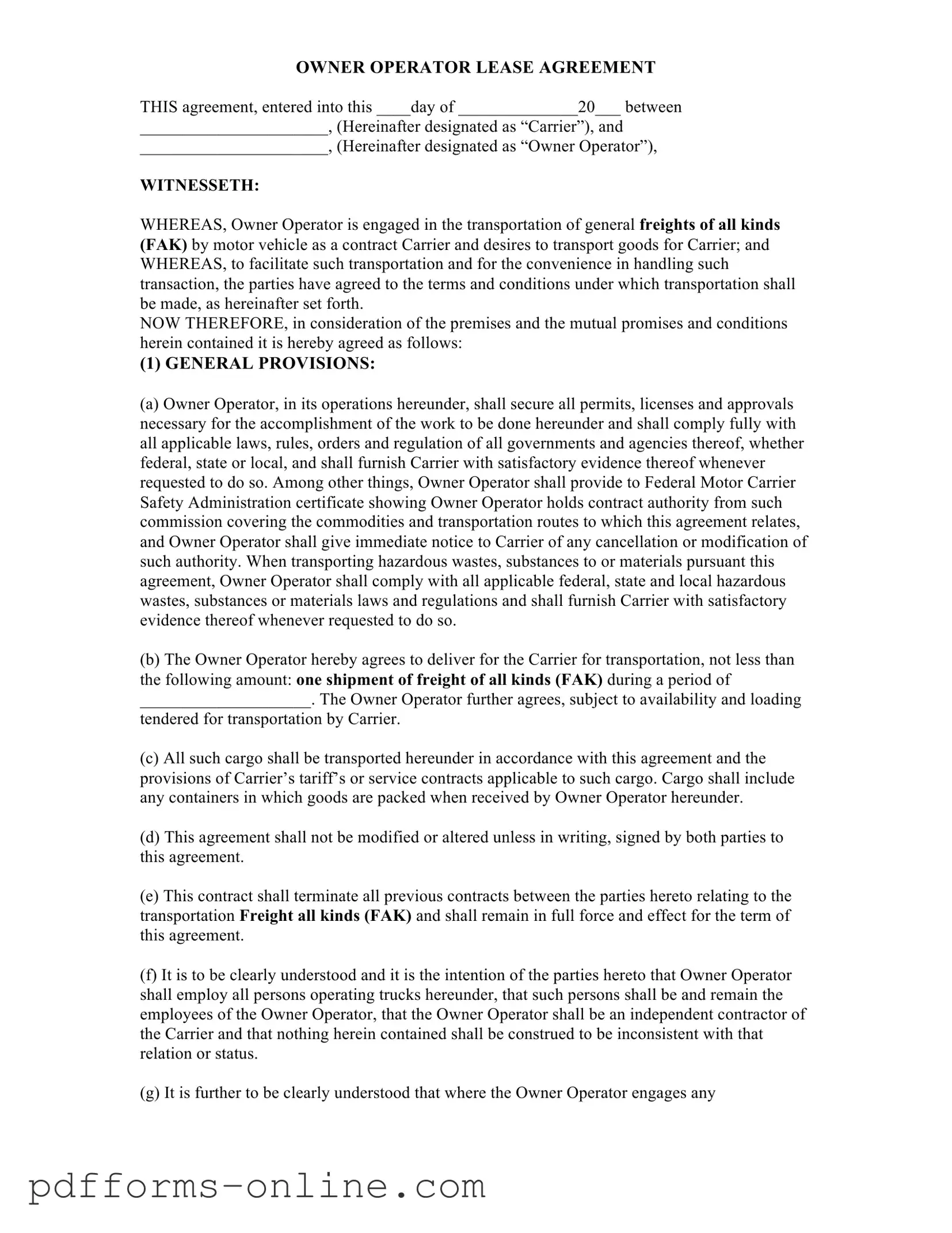 Blank Owner Operator Lease Agreement Template