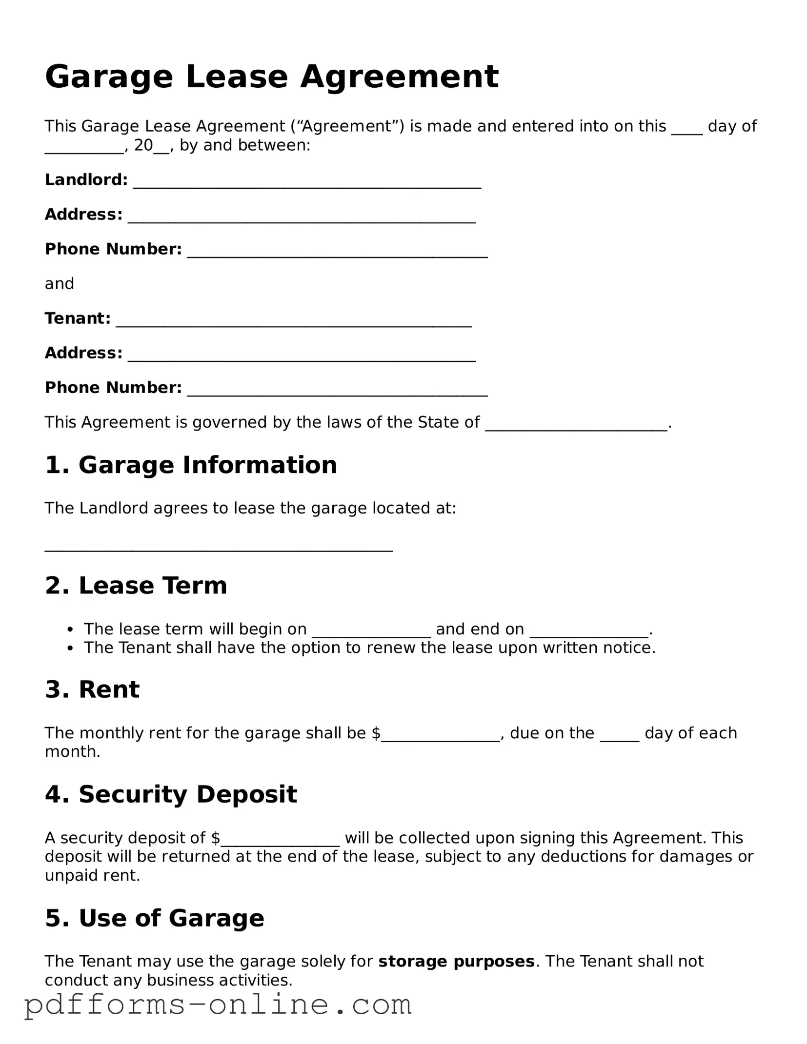 Blank Garage Lease Agreement Form