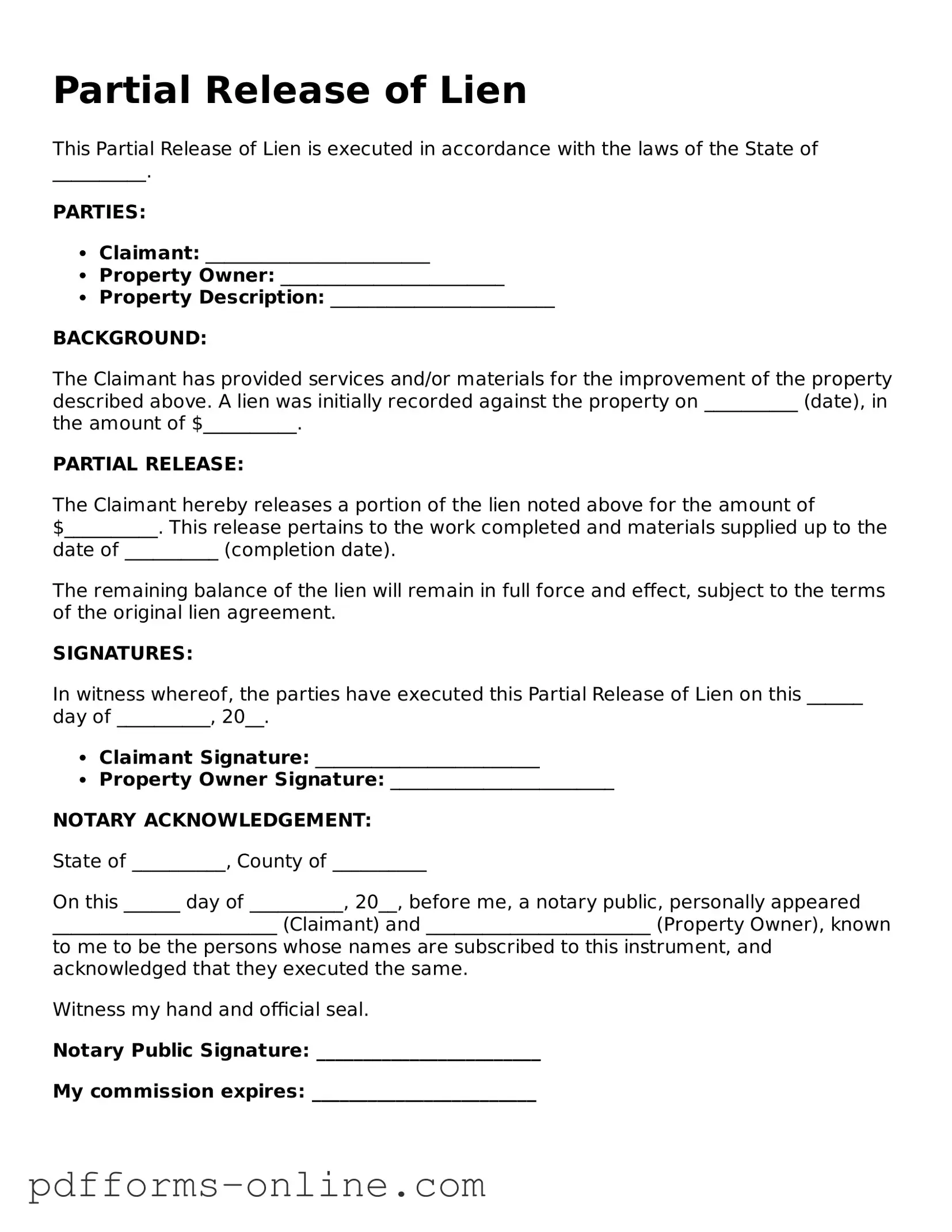 Blank Partial Release of Lien Form