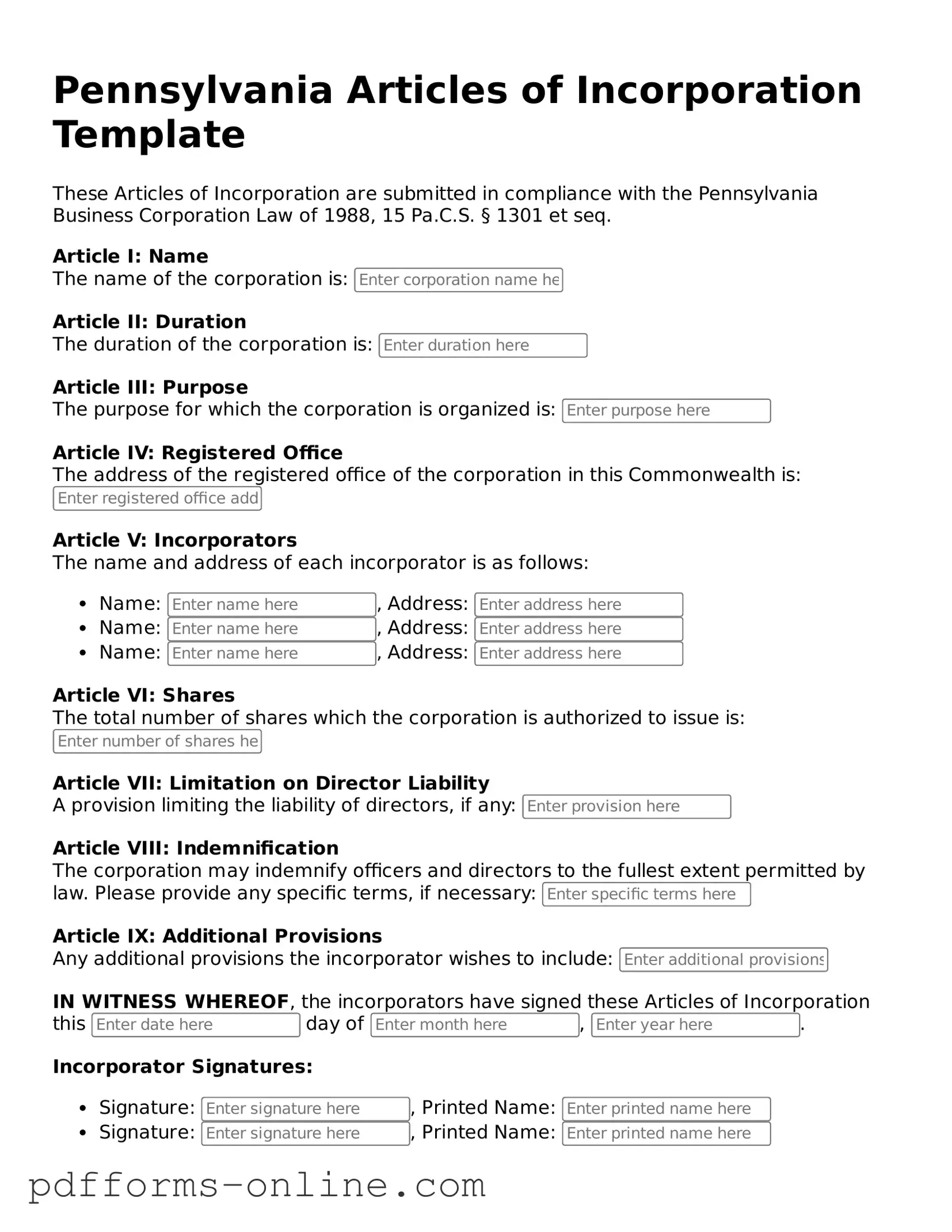 Valid Pennsylvania Articles of Incorporation Template