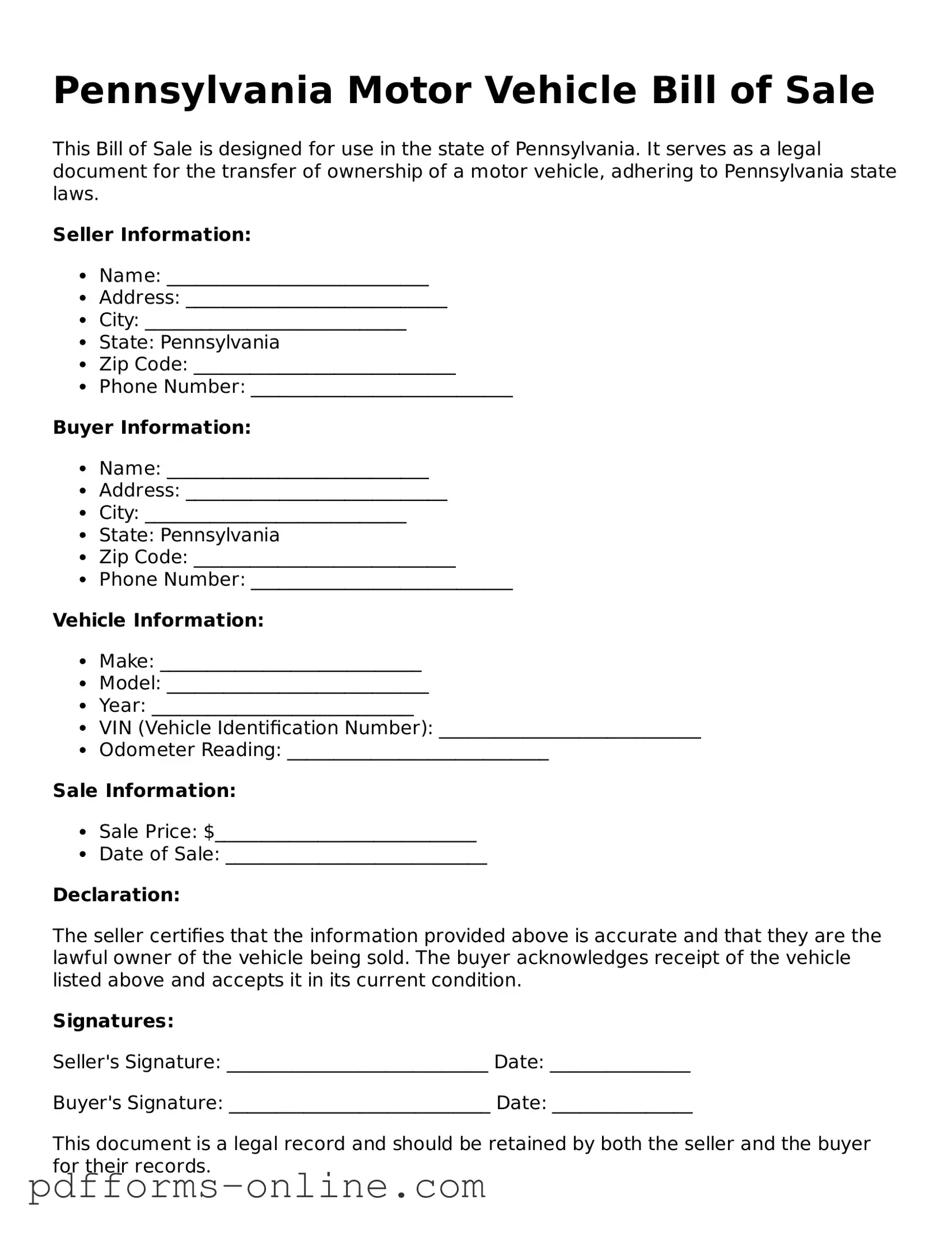 Valid Pennsylvania Motor Vehicle Bill of Sale Template