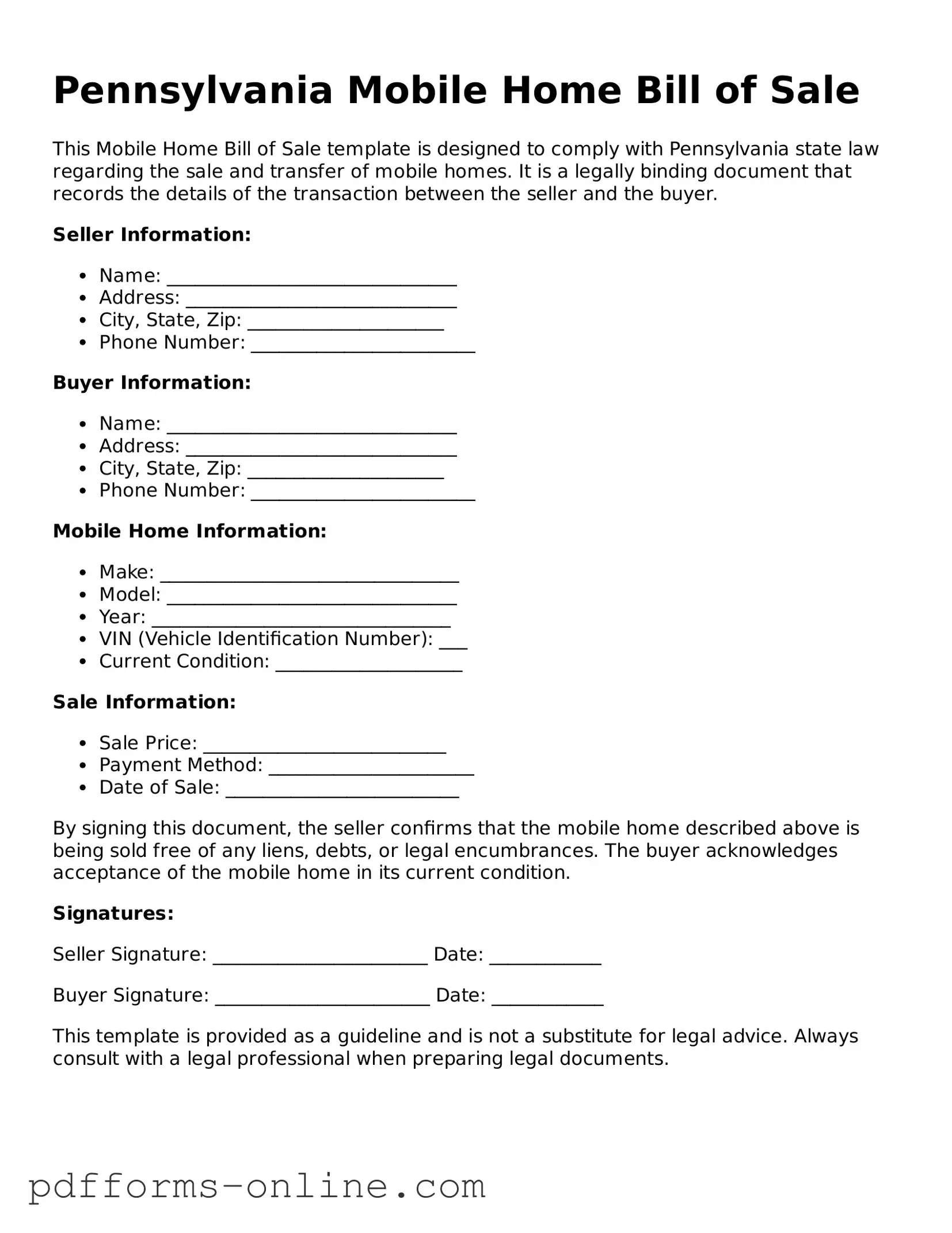 Valid Pennsylvania Mobile Home Bill of Sale Template