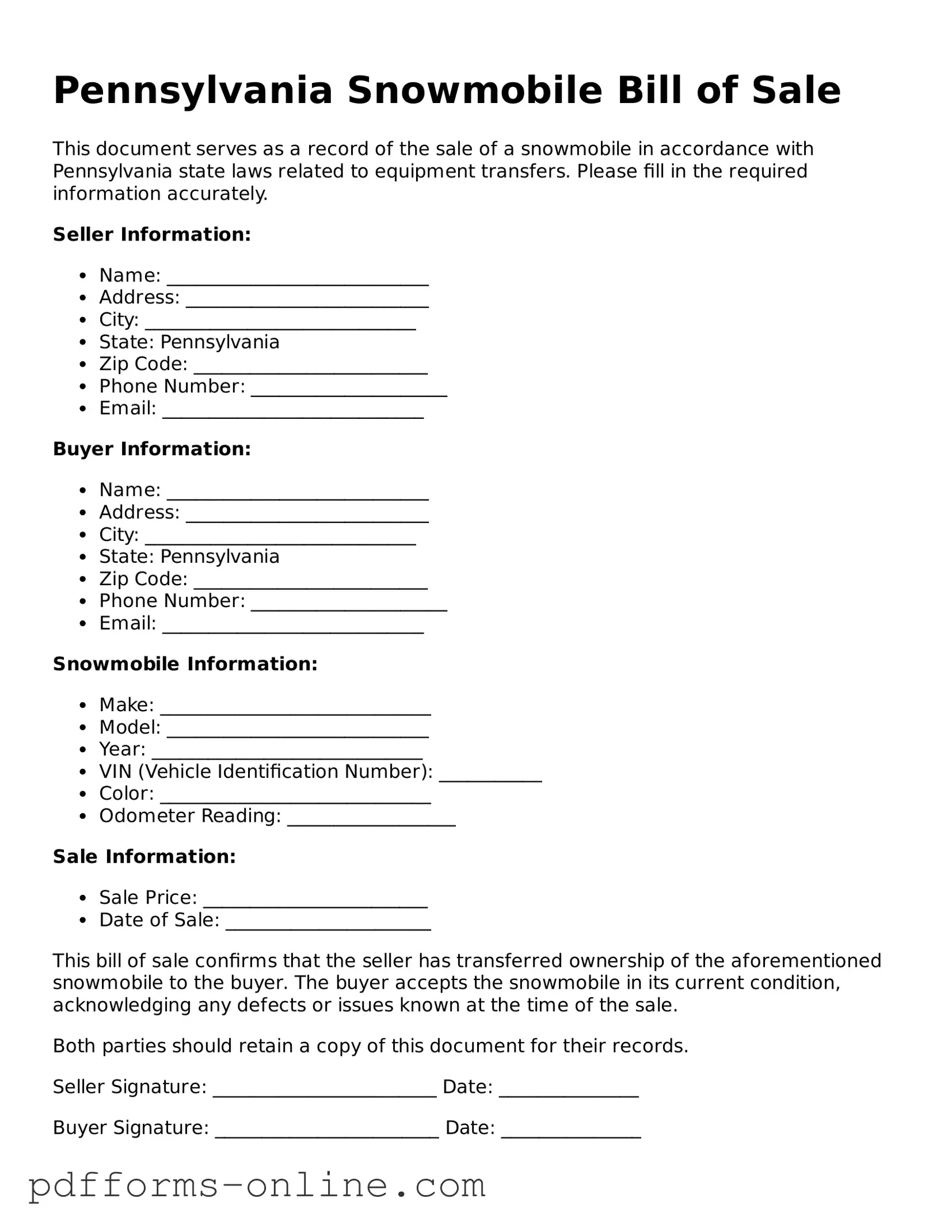Valid Pennsylvania Snowmobile Bill of Sale Template