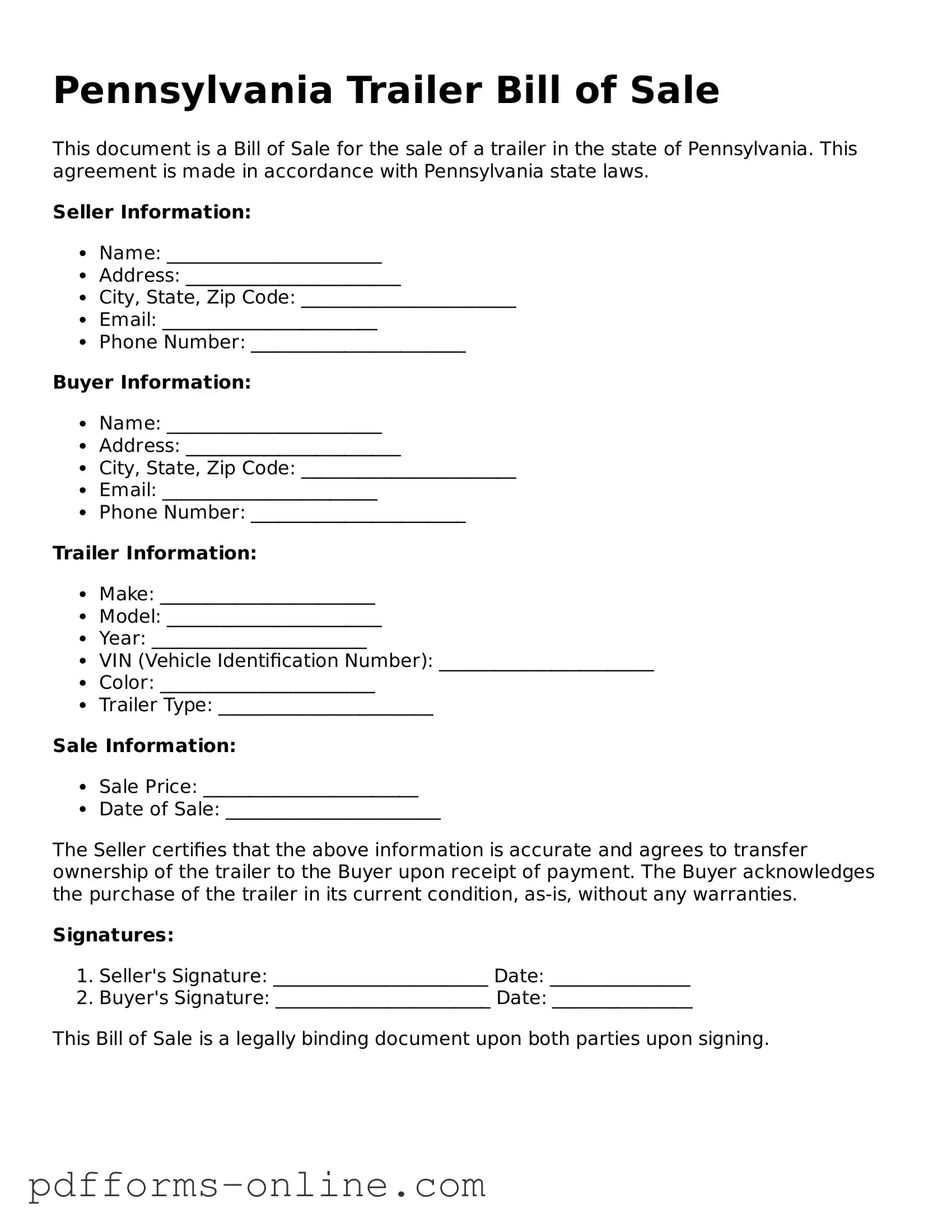 Valid Pennsylvania Trailer Bill of Sale Template
