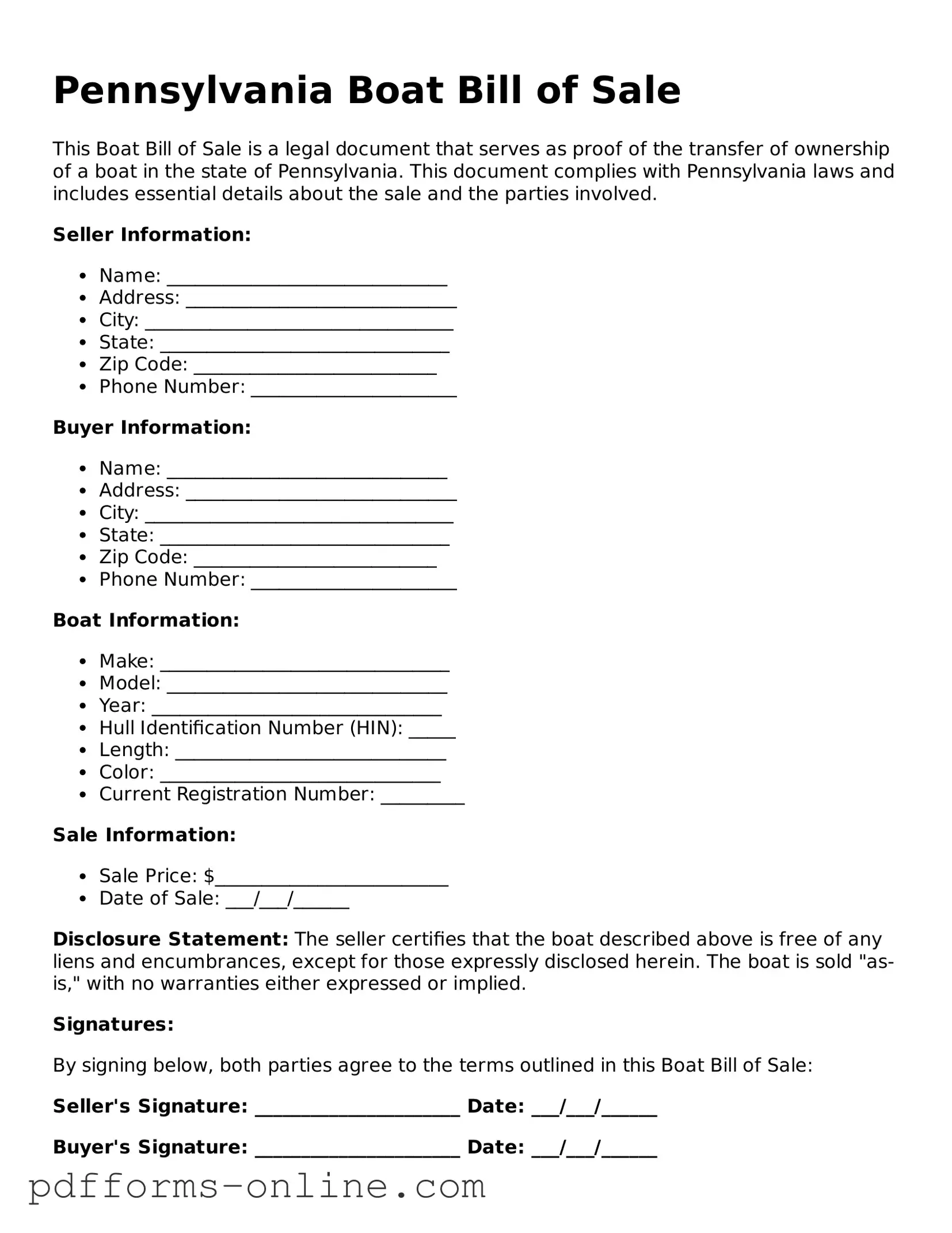 Valid Pennsylvania Boat Bill of Sale Template