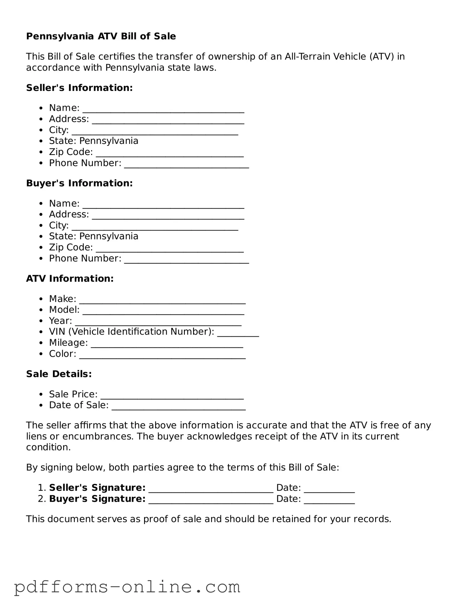 Valid Pennsylvania ATV Bill of Sale Template