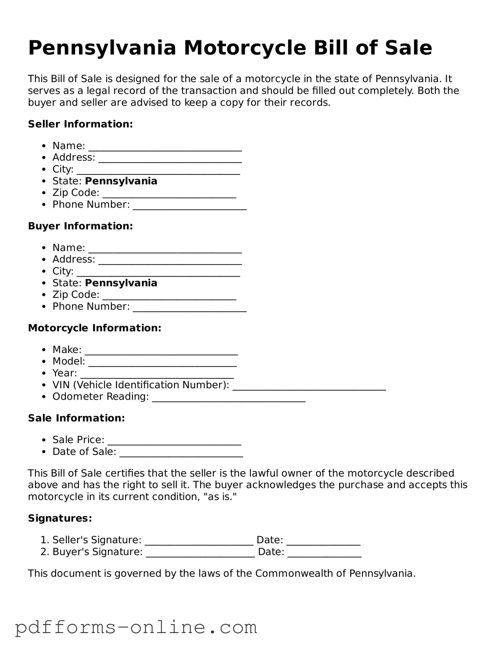 Valid Pennsylvania Motorcycle Bill of Sale Template