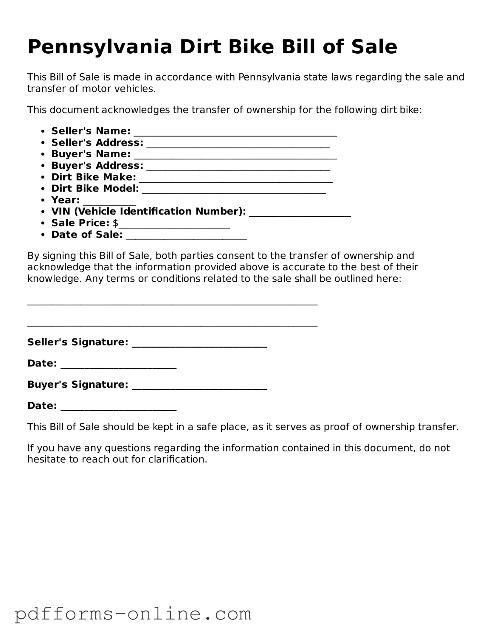 Valid Pennsylvania Dirt Bike Bill of Sale Template