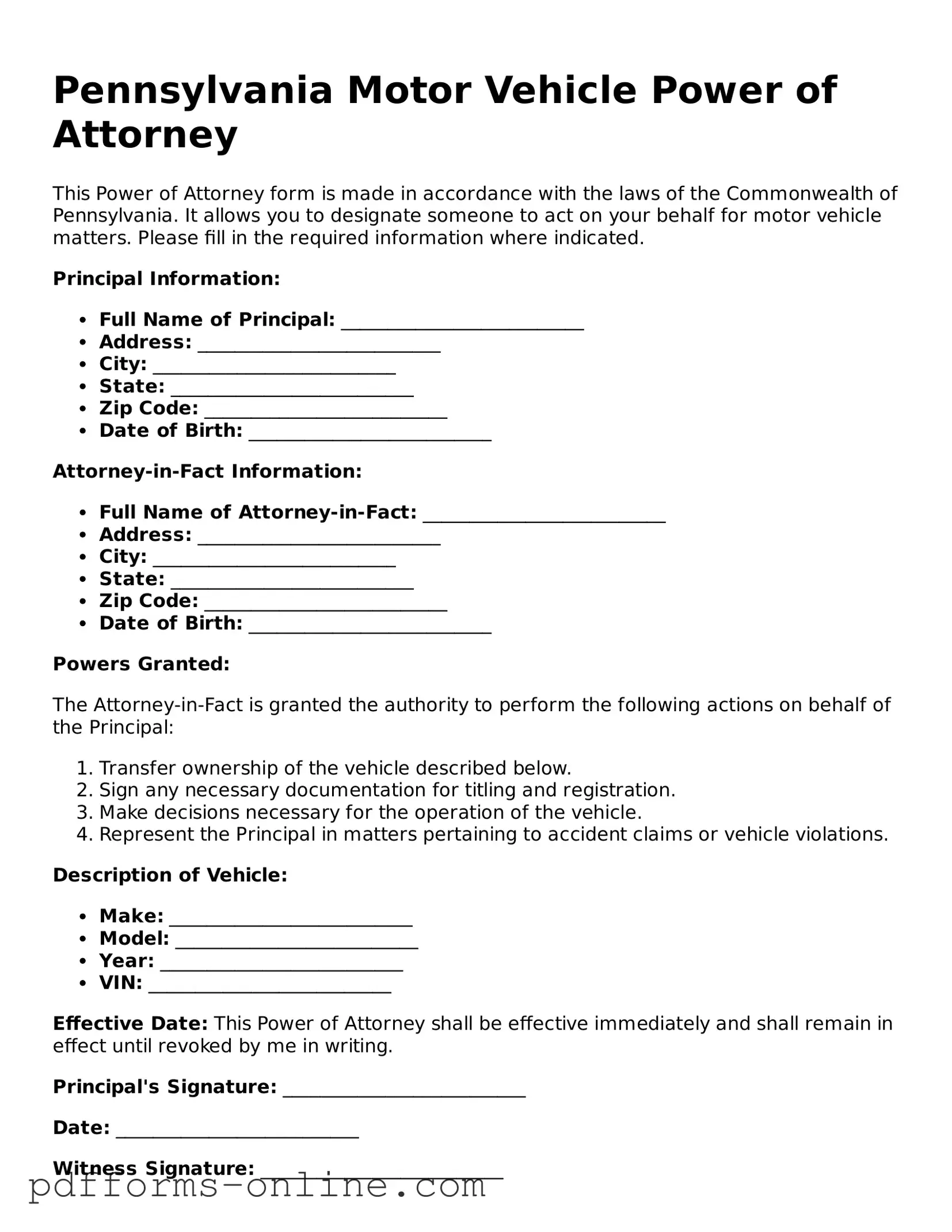 Valid Pennsylvania Motor Vehicle Power of Attorney Template