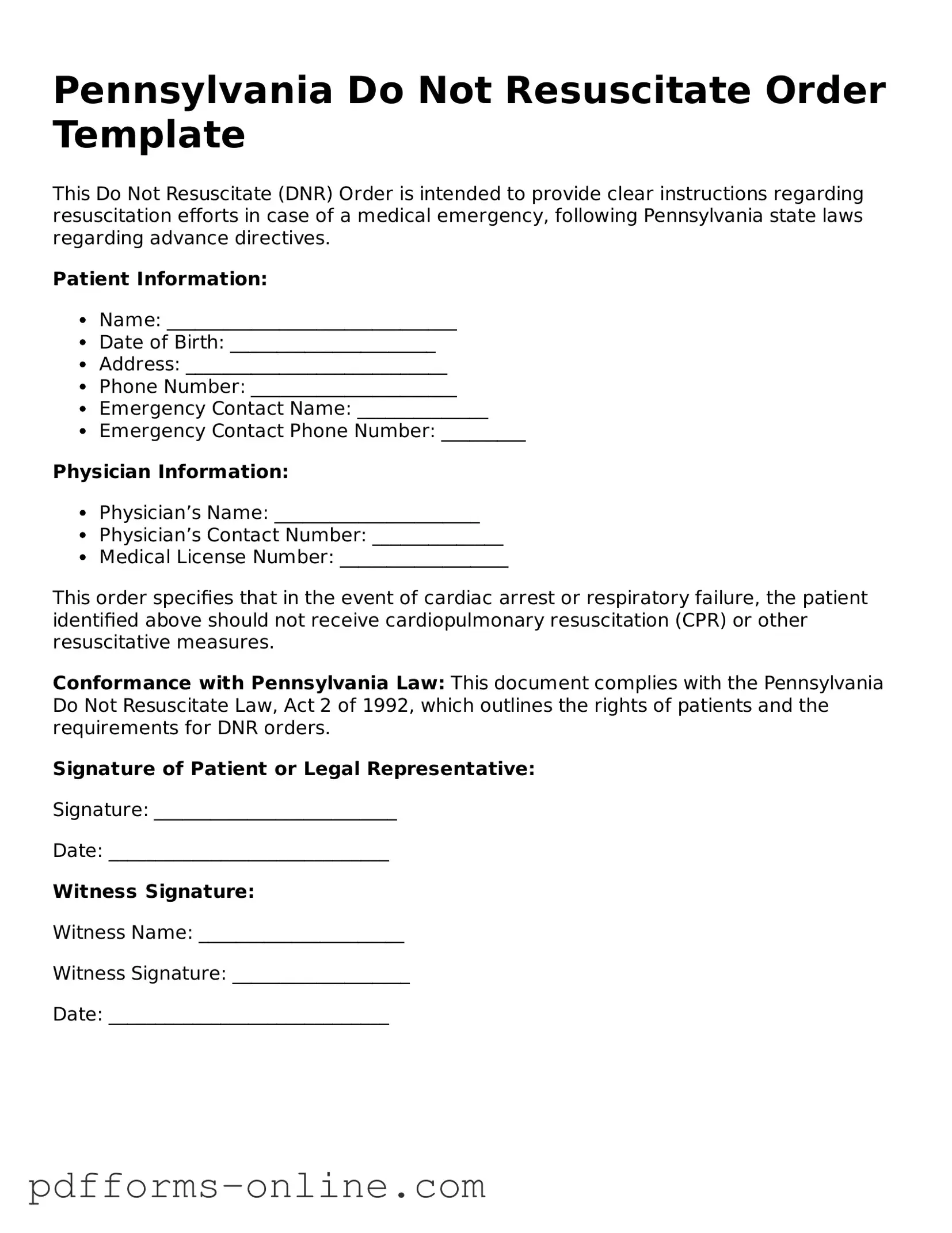 Valid Pennsylvania Do Not Resuscitate Order Template