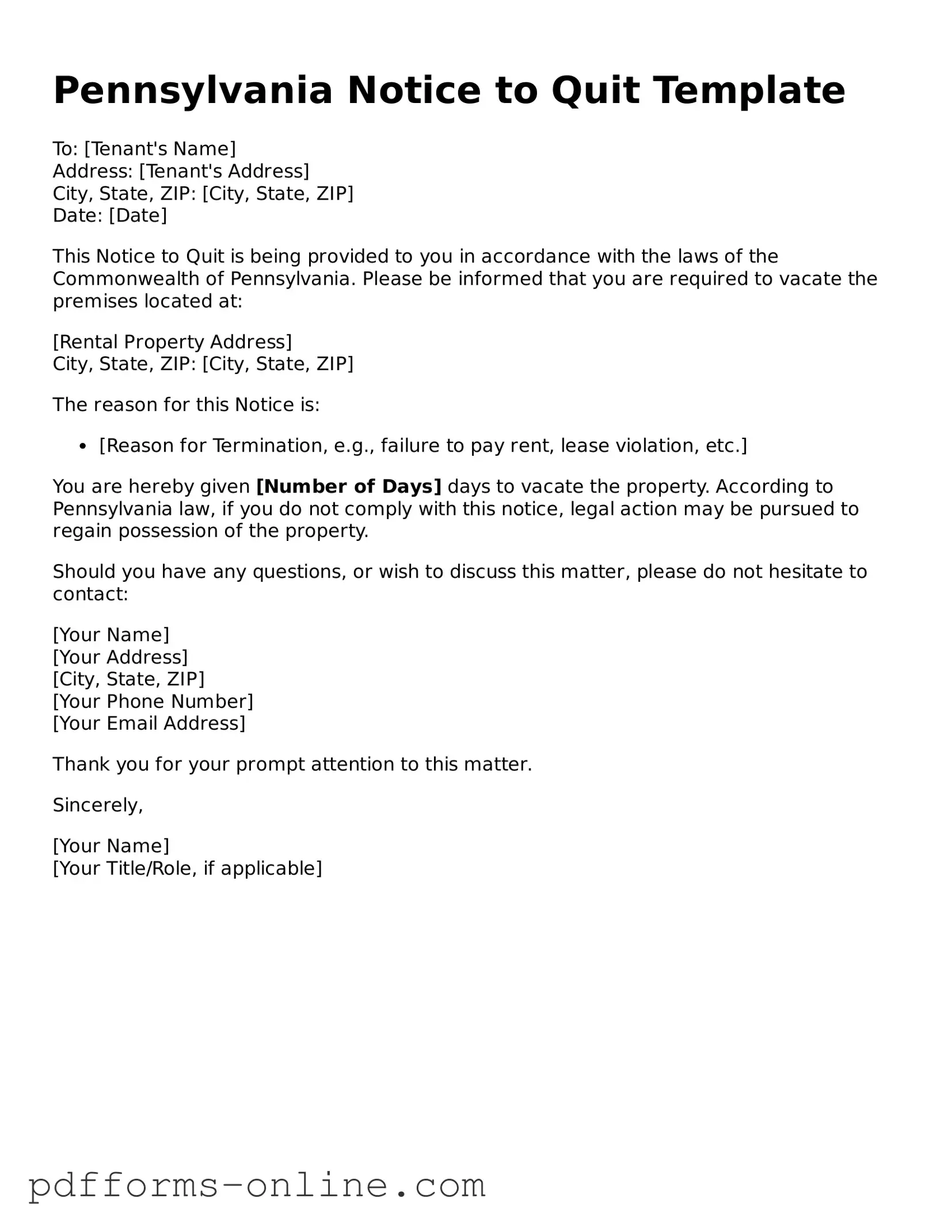 Valid Pennsylvania Notice to Quit Template