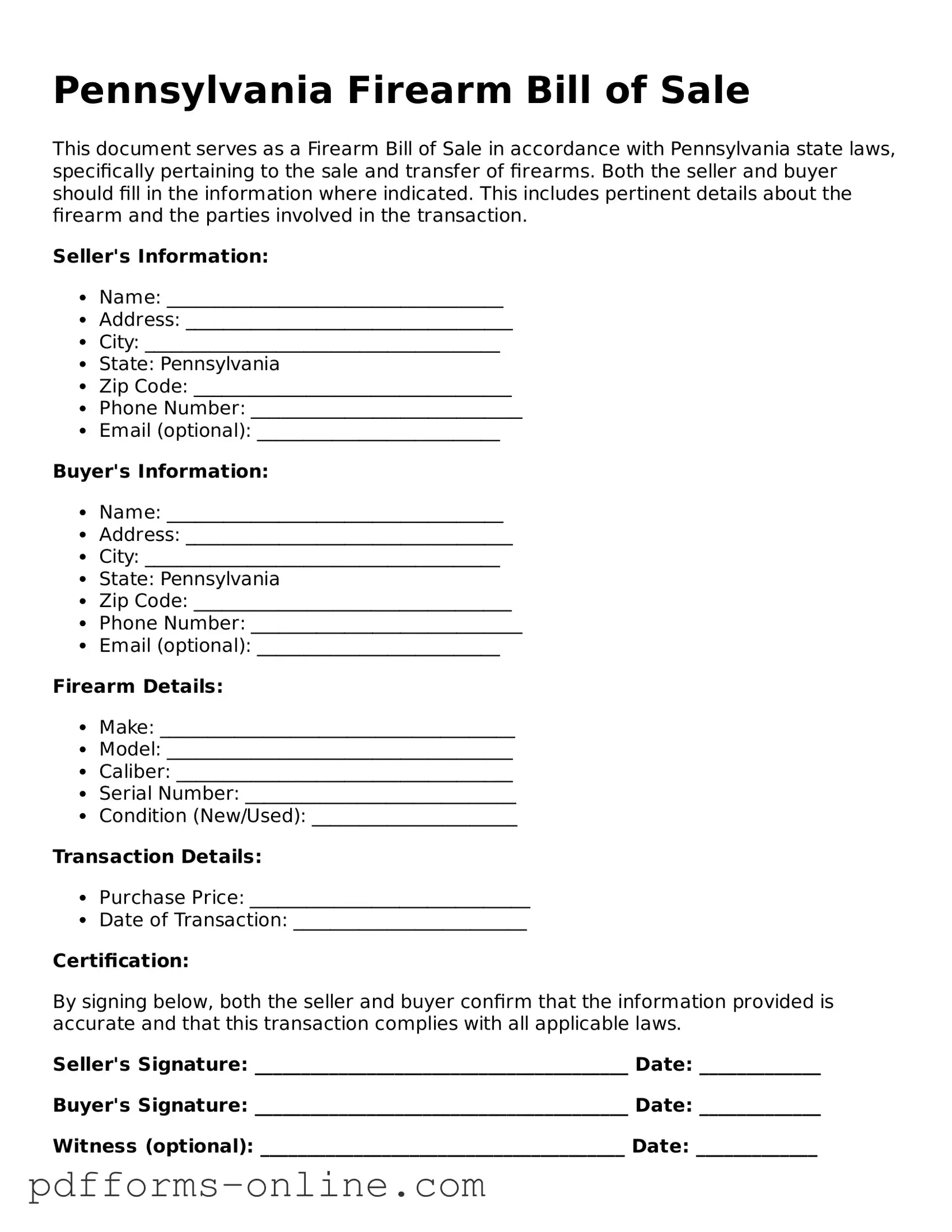 Valid Pennsylvania Firearm Bill of Sale Template