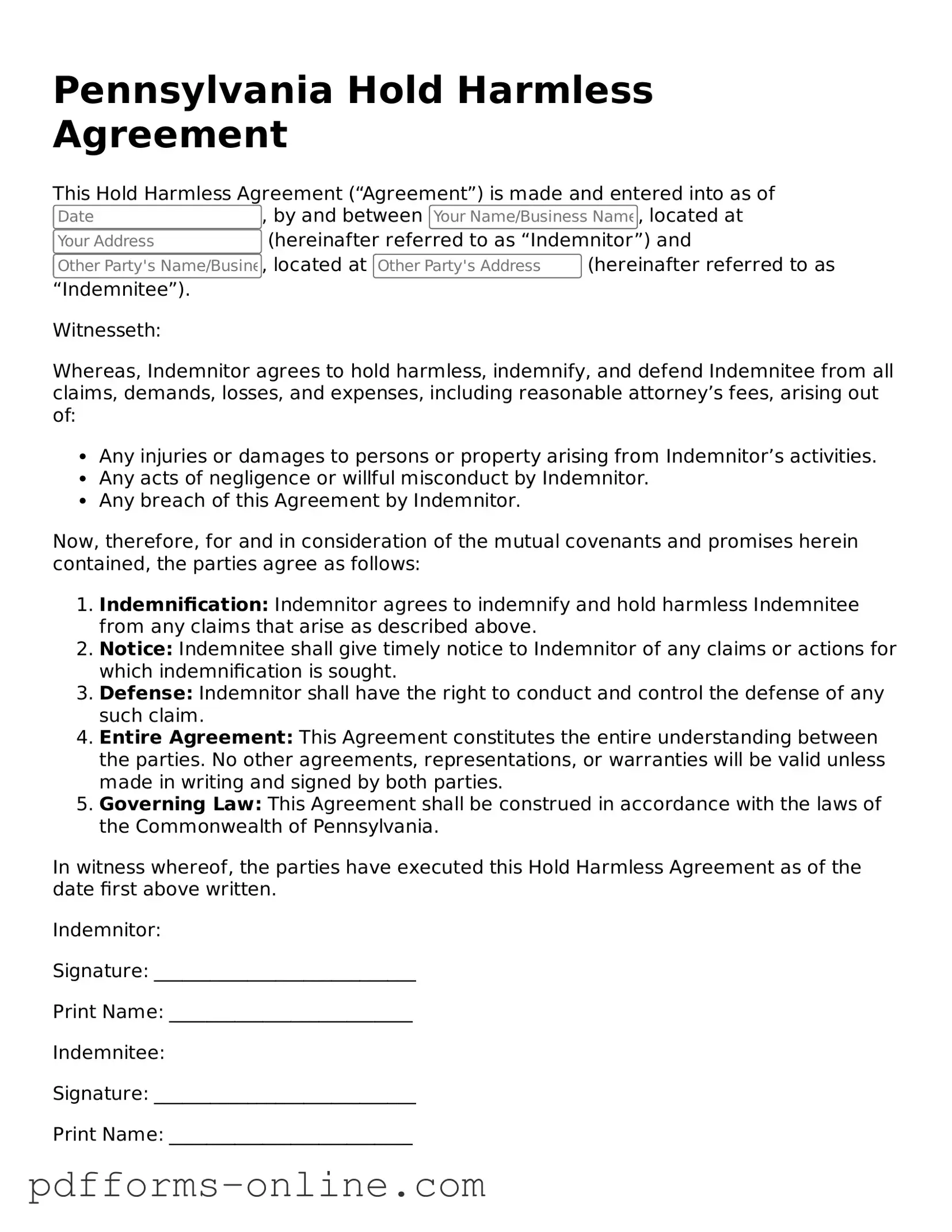 Valid Pennsylvania Hold Harmless Agreement Template