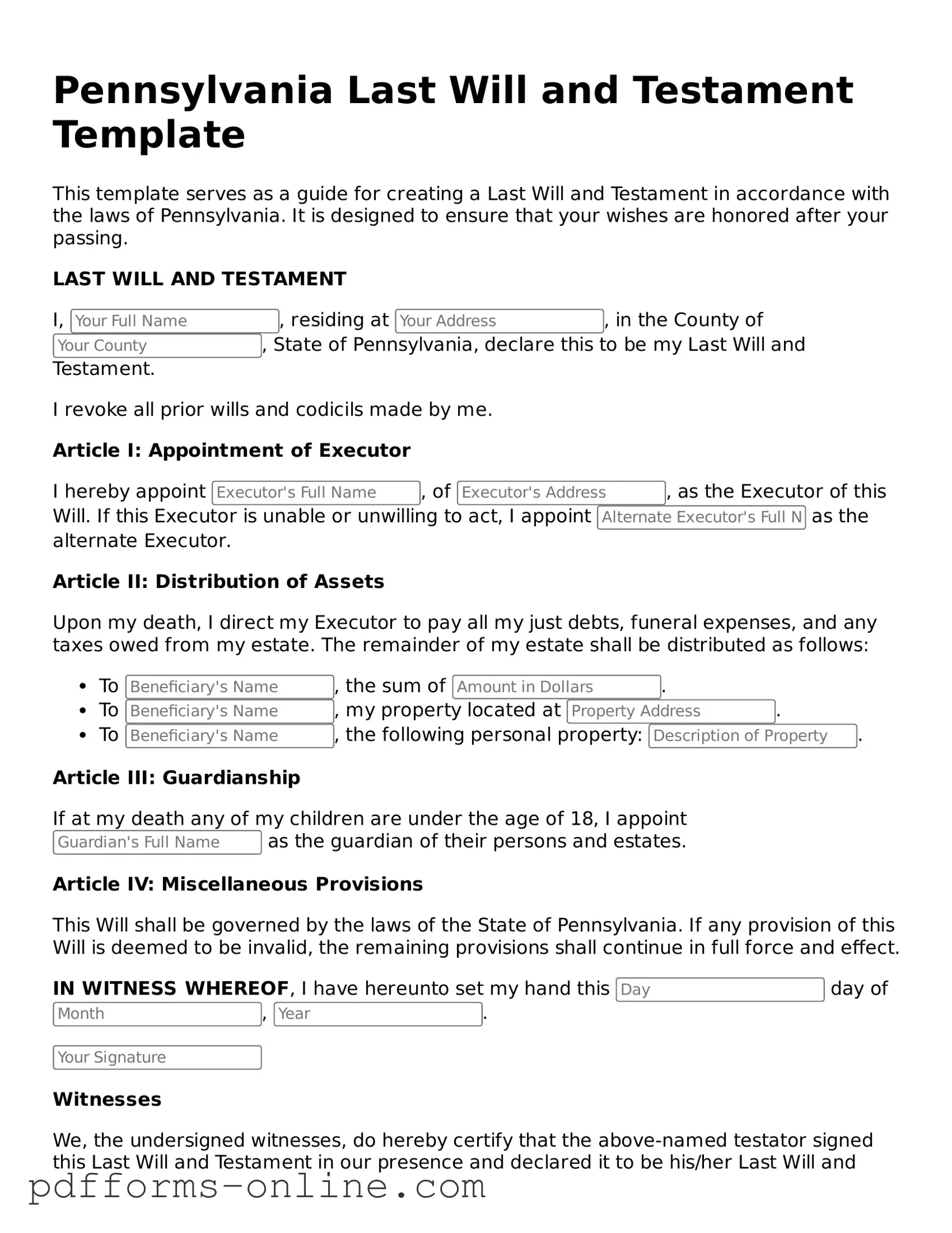 Valid Pennsylvania Last Will and Testament Template