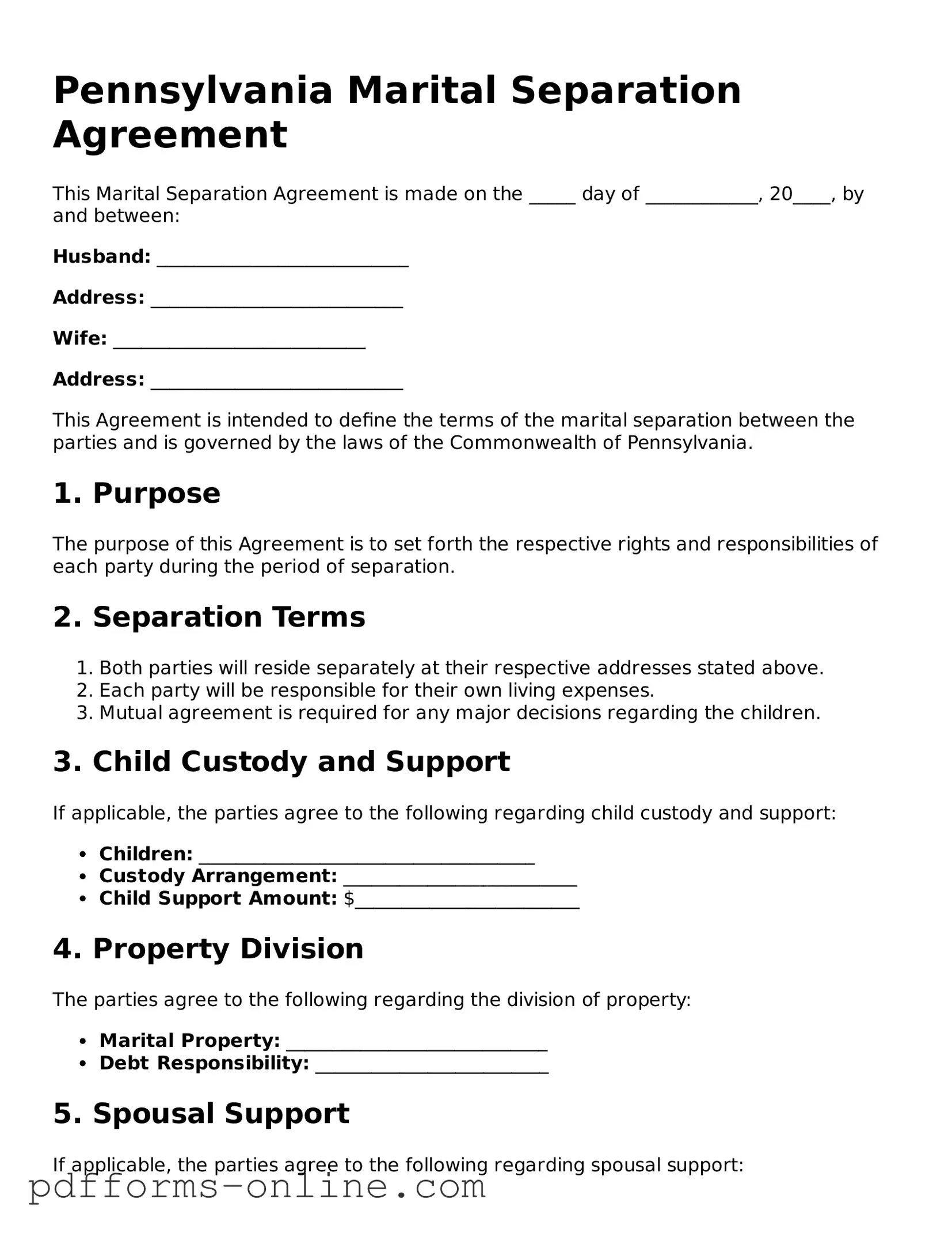 Valid Pennsylvania Marital Separation Agreement Template